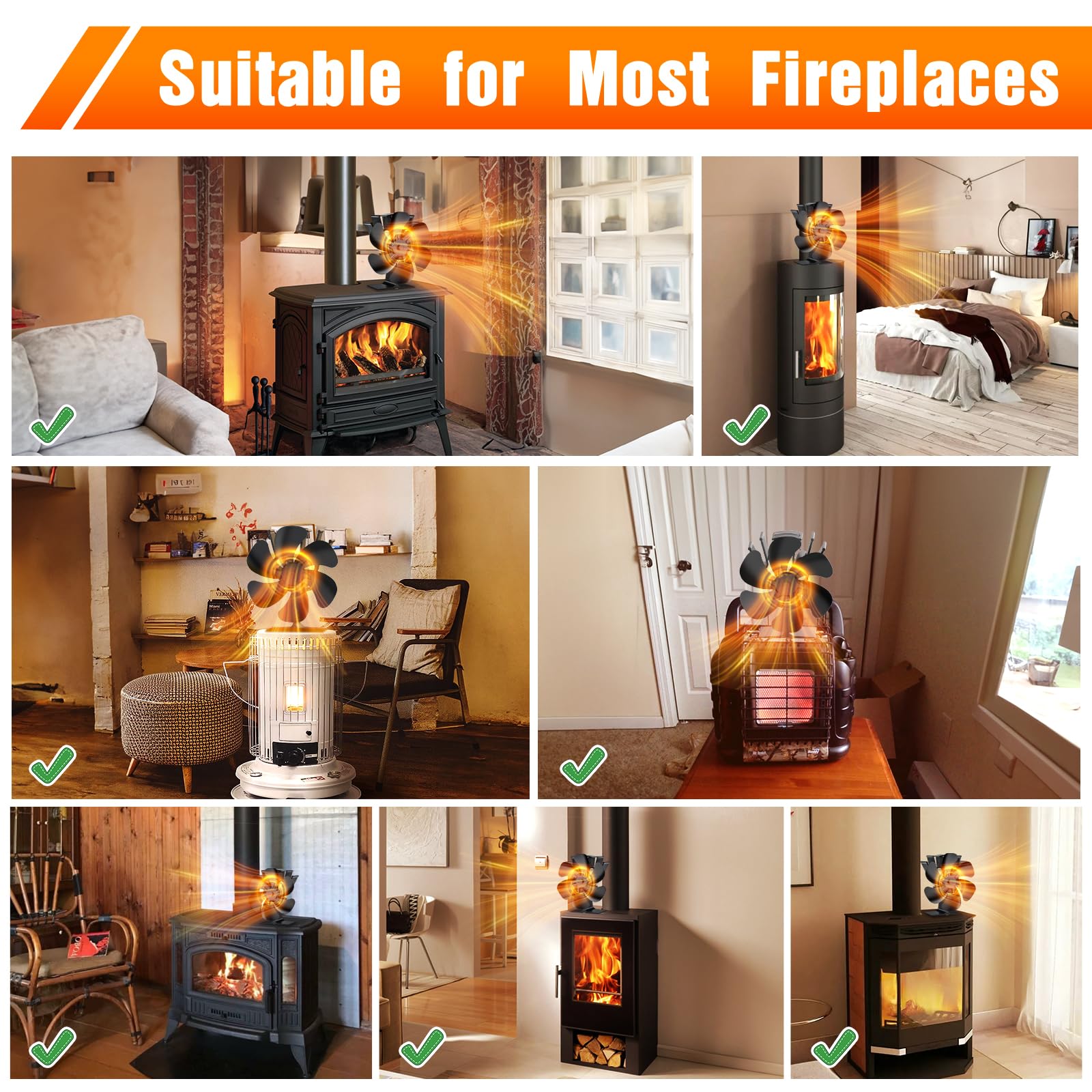 6 PáGinas Ventilador de Chimenea,Ventilador no Eléctrico para Chimenea, ventilador de estufa de lena silencioso, para Estufas de Leña de Leña/Leña/Chimenea/Estufa (6 Hojas)