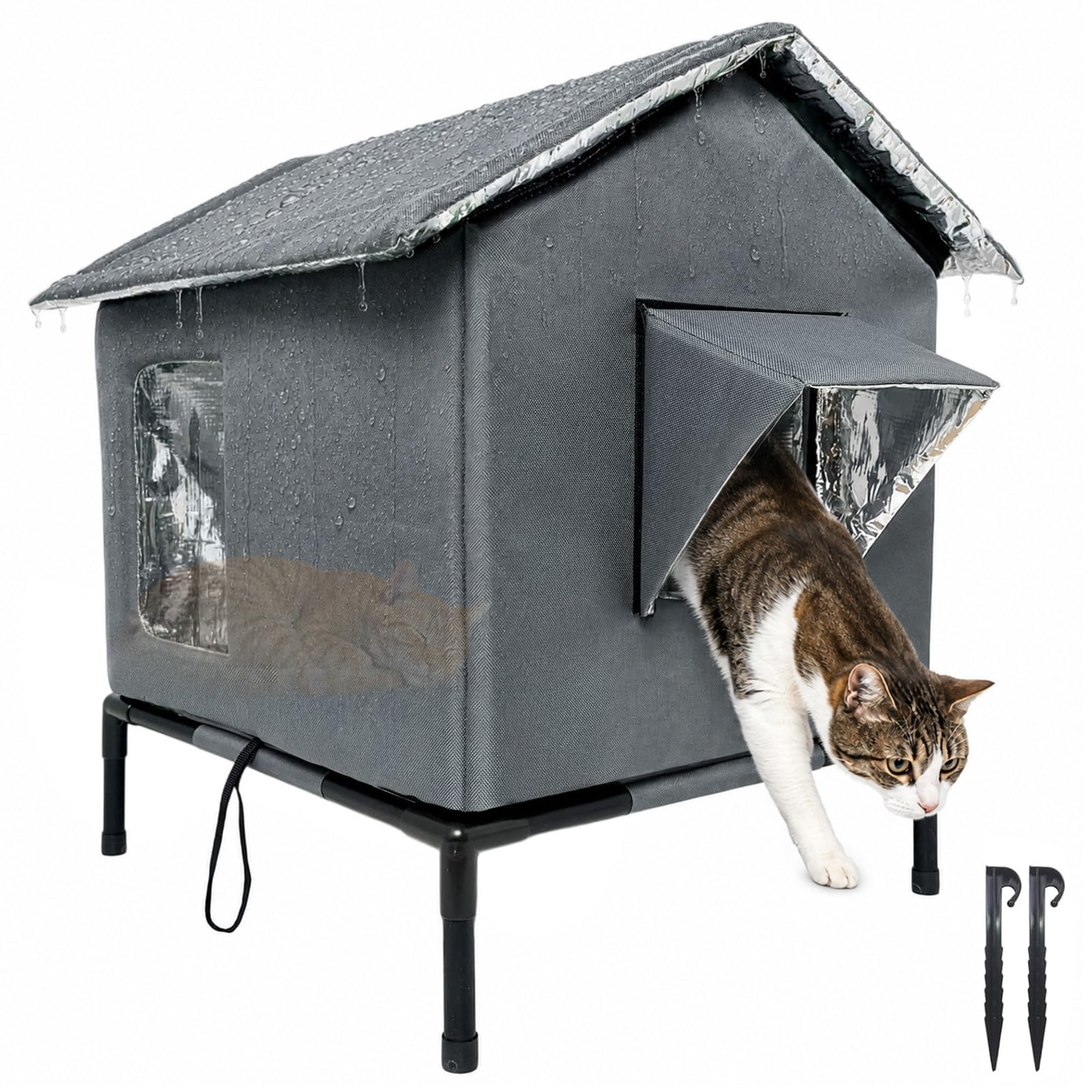 Outdoor Cat House Waterproof for Feral Cats, Insulated Stray Cat Shelter with Aluminium Film, Sloped Roof & Transparent Window, Collapsible with Door, Easy Assembly