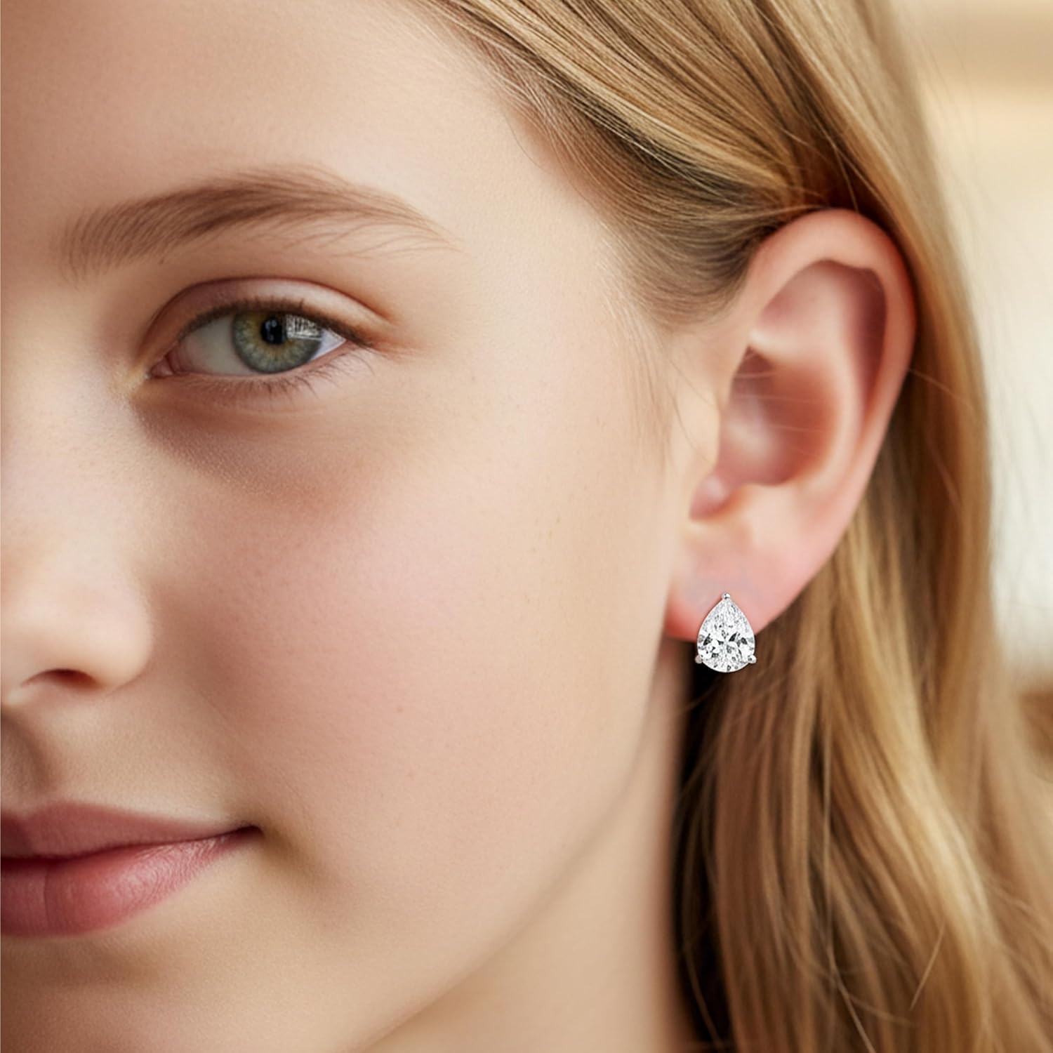 Mariell Cubic Zirconia Stud Earrings, Pear Shape CZ Crystal, 2 Carat Imitation Diamond Stud Earring - Image 4