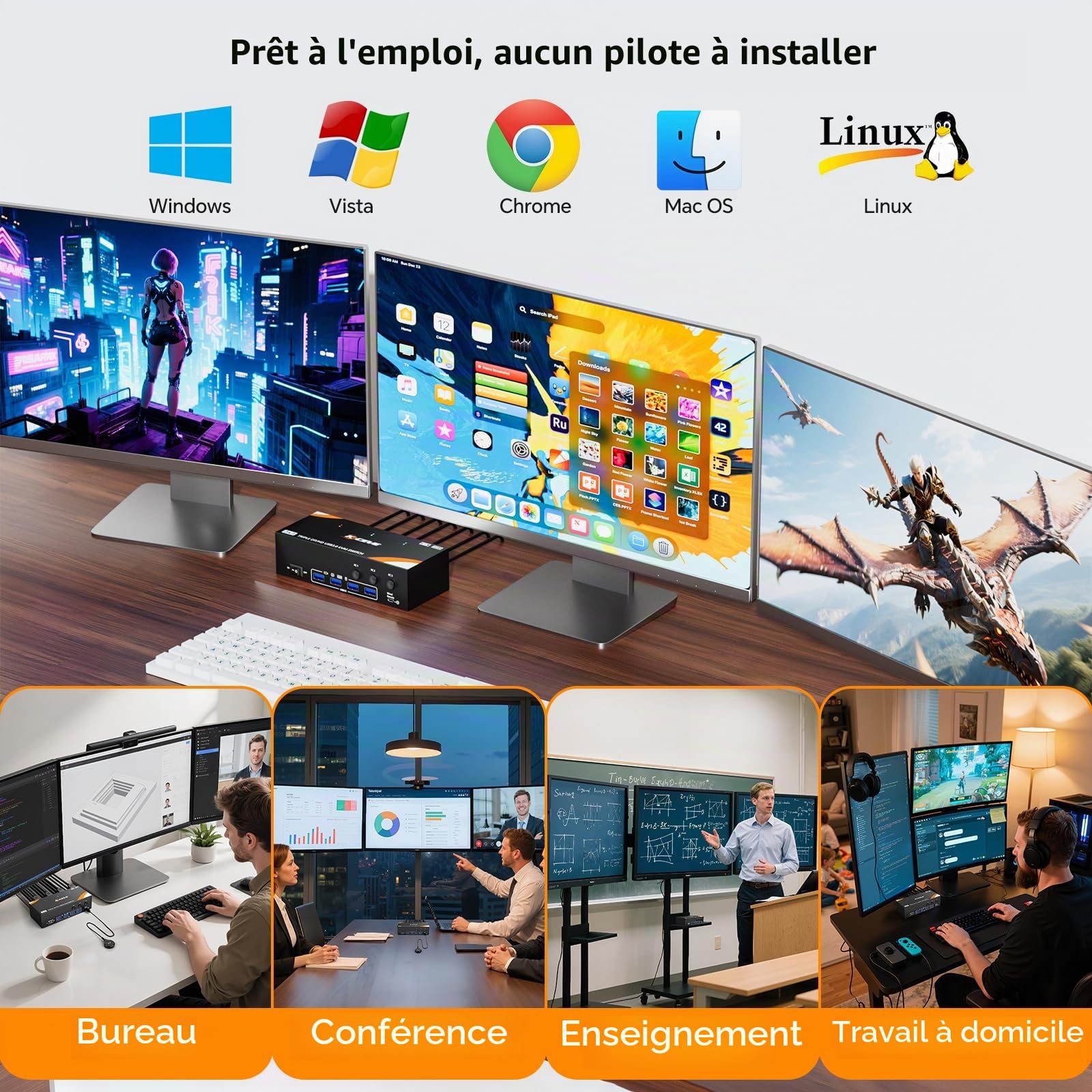 KVM Switch 3 PC 3 Moniteurs 8K@60Hz / 4K@144Hz, DisplayPort 1.4 HDMI 2.1 USB 3.0 KVM Switch Triple Monitor pour 3 PC Partage Souris, Clavier, Wired Remote(8K HD DP 3 in 3 out KVM)