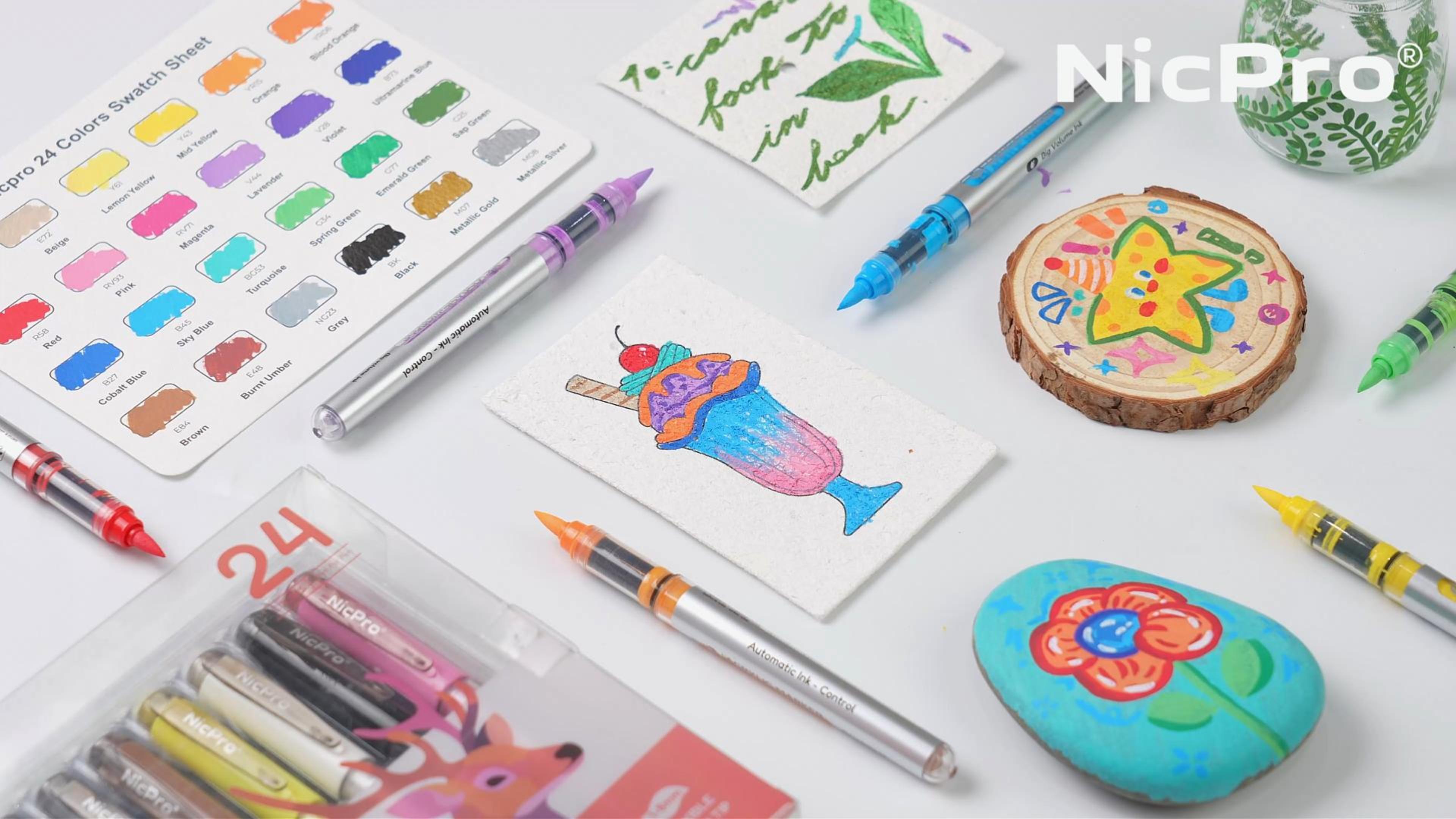 Nicpro 36 kleuren acrylverf marker penseelpunt watergedragen niet-verlopende marker met automatisch inktcontrolesysteem
