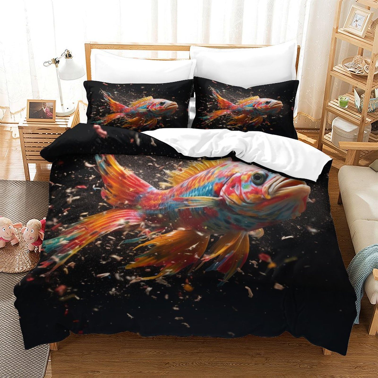 P1S9U7W5Y Abstract Goldfish 3D Printed Duvet Cover Set 3pcs Microfiber Fish Bedding Set Double