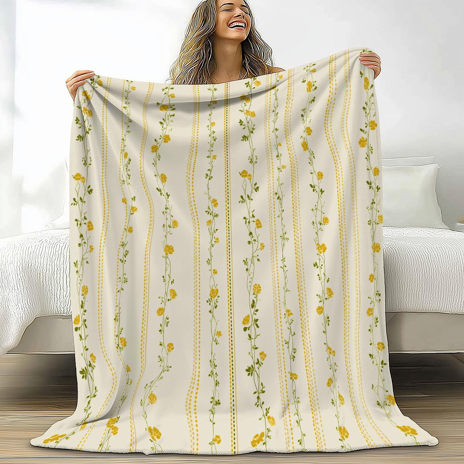 Coperta Plaid Pile in Flanella 180x220 cm Coperta Pile Piccola Linee Floreali Retrò Disegnate A Mano, Morbida Soffice Calda Coperte per Divano Singolo Matrimoniale Letto Beige