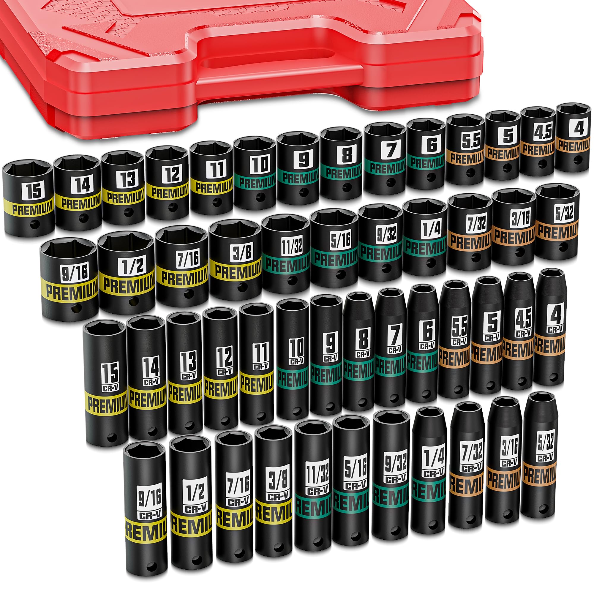Aurlloct 1/4 Drive Impact Socket Set, 50Pcs Deep Sockets, SAE (5/32"-9/16") and Metric (4-15mm), SAE & Metric Socket Set Repair Automotive Truck Tractor Engine — image 1