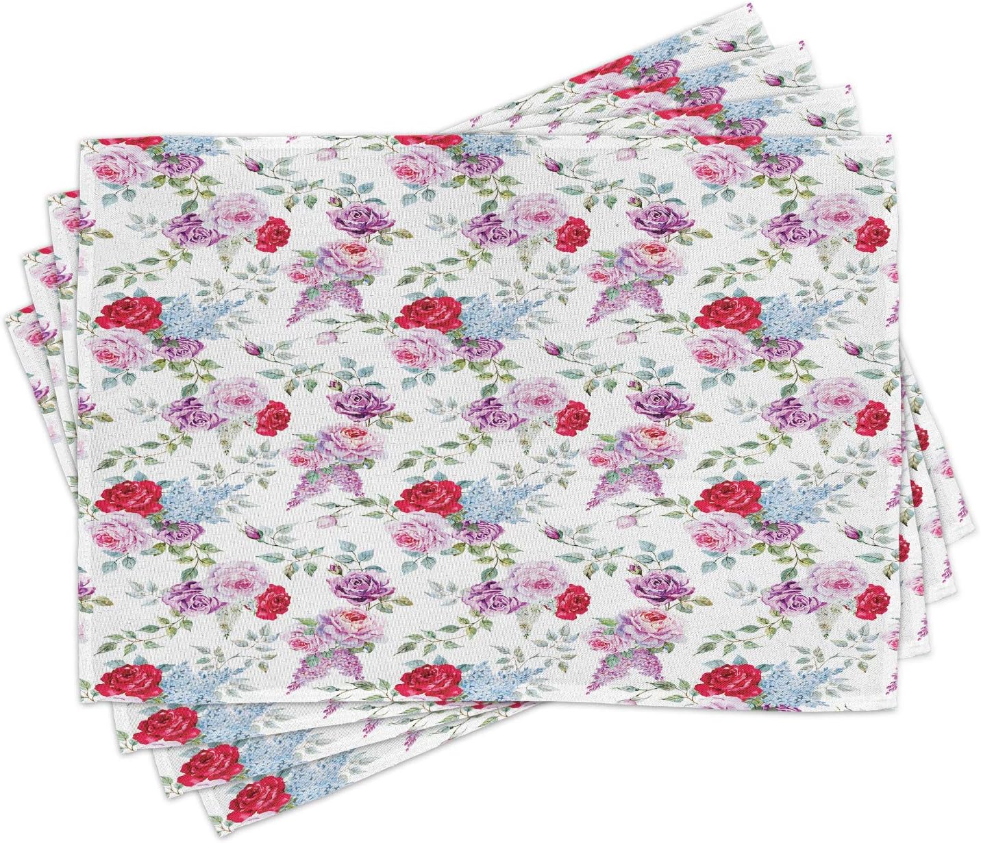 Lunarable Flower Place Mats Set of 4, Roses Mimosa Lilac