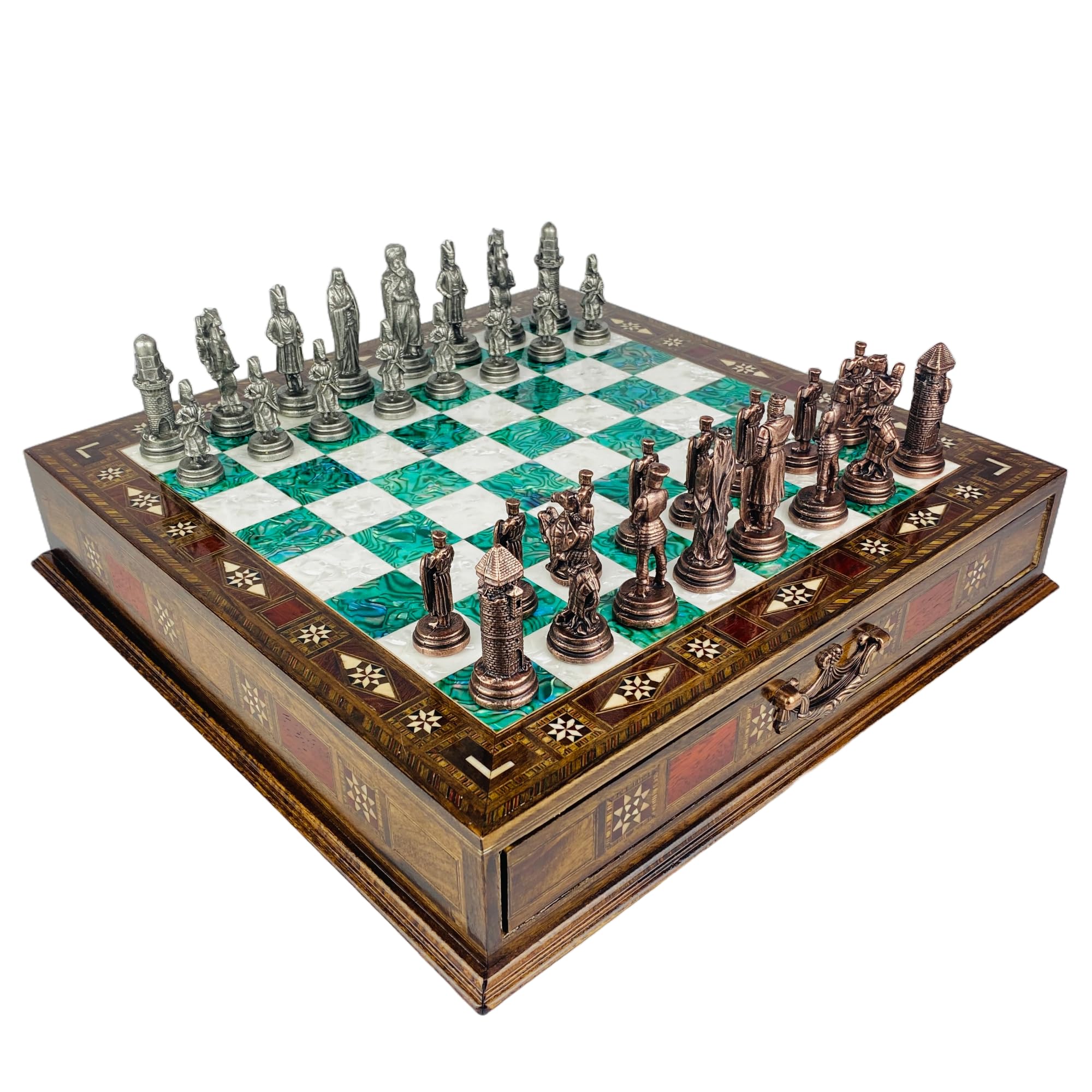 Luxury Crusaders vs Ottoman Empire Chess Set- 15" Handmade Chessboard and 2.8 in King Size Bronze Pewter Color Metal Chess Pieces (Green Pearl Chess Board)