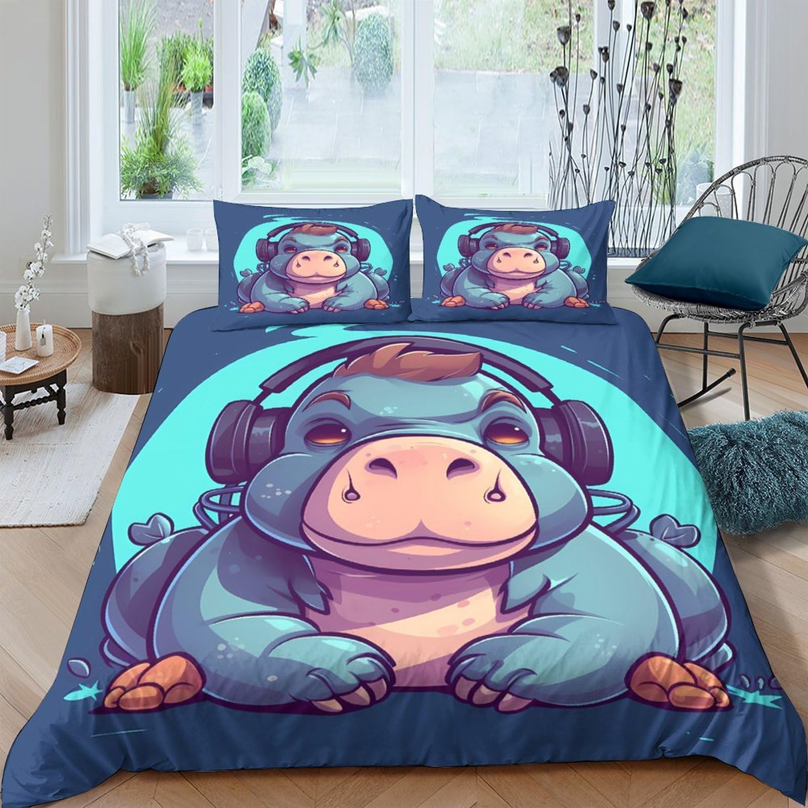 GPLZQXKJNH 3D Printed Cartoon Hippo Duvet Cover Microfiber Blue Animal Bedding Set with 2 Pillowcases for Bedroom Decor, Soft and Breathable Single（135x200cm）