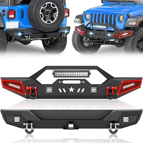 for Wrangler JL Front and Rear Bumpers Compatible with 2018-2025 Jeep Wrangler JL JLU Unlimited Off-Road Bumpers with Winch Plate, 7 x LED Lights, Paintable Armor, 2" Hitch Receiver & D-rings