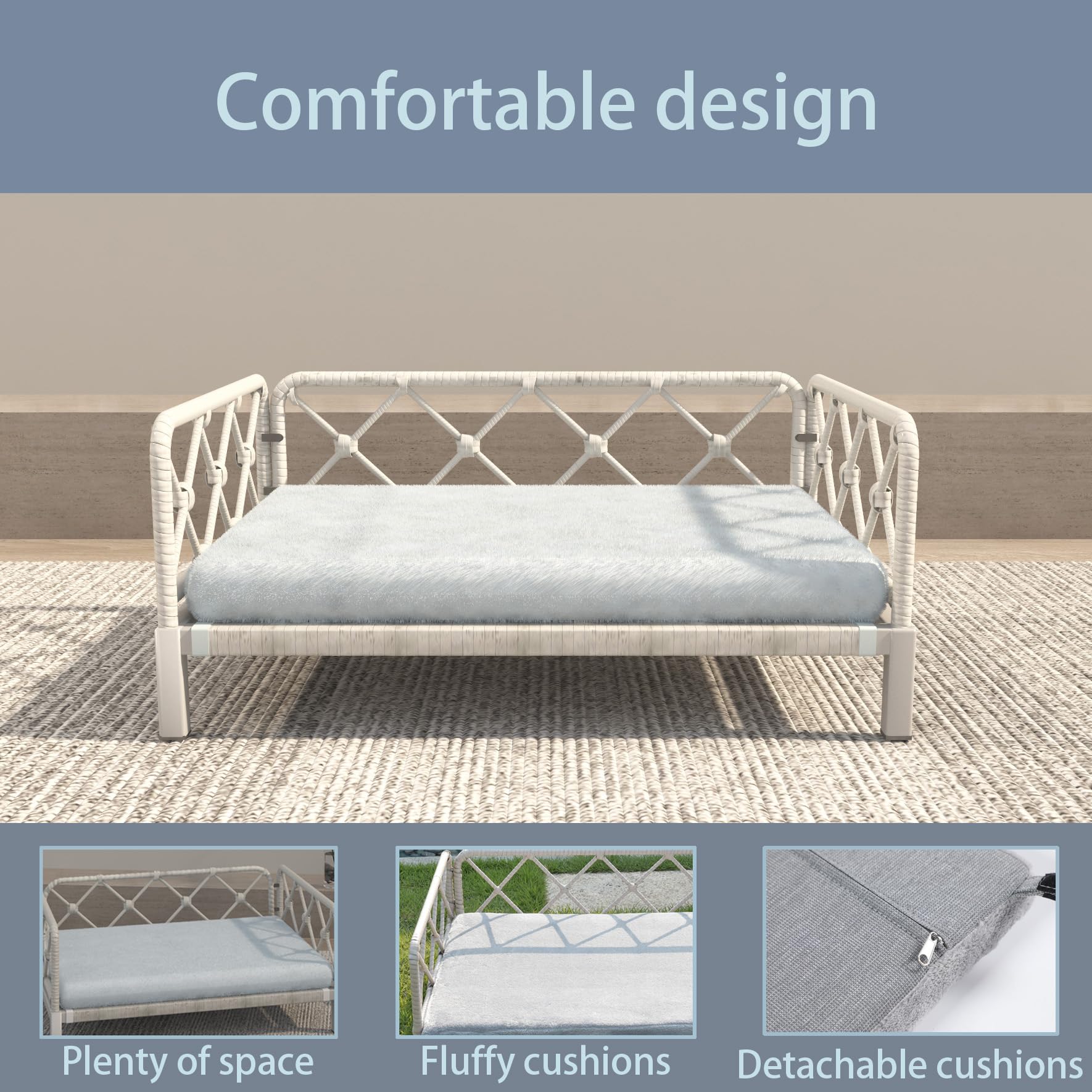 Elevated Waterproof Dog Beds with Egg Crate Foam Support, Outdoor Dog Sofa Bed PE Wicker Orthopedic Pet Bed with Washable Removable Cushion for Medium, Small Dogs (Light Gray) - image 4