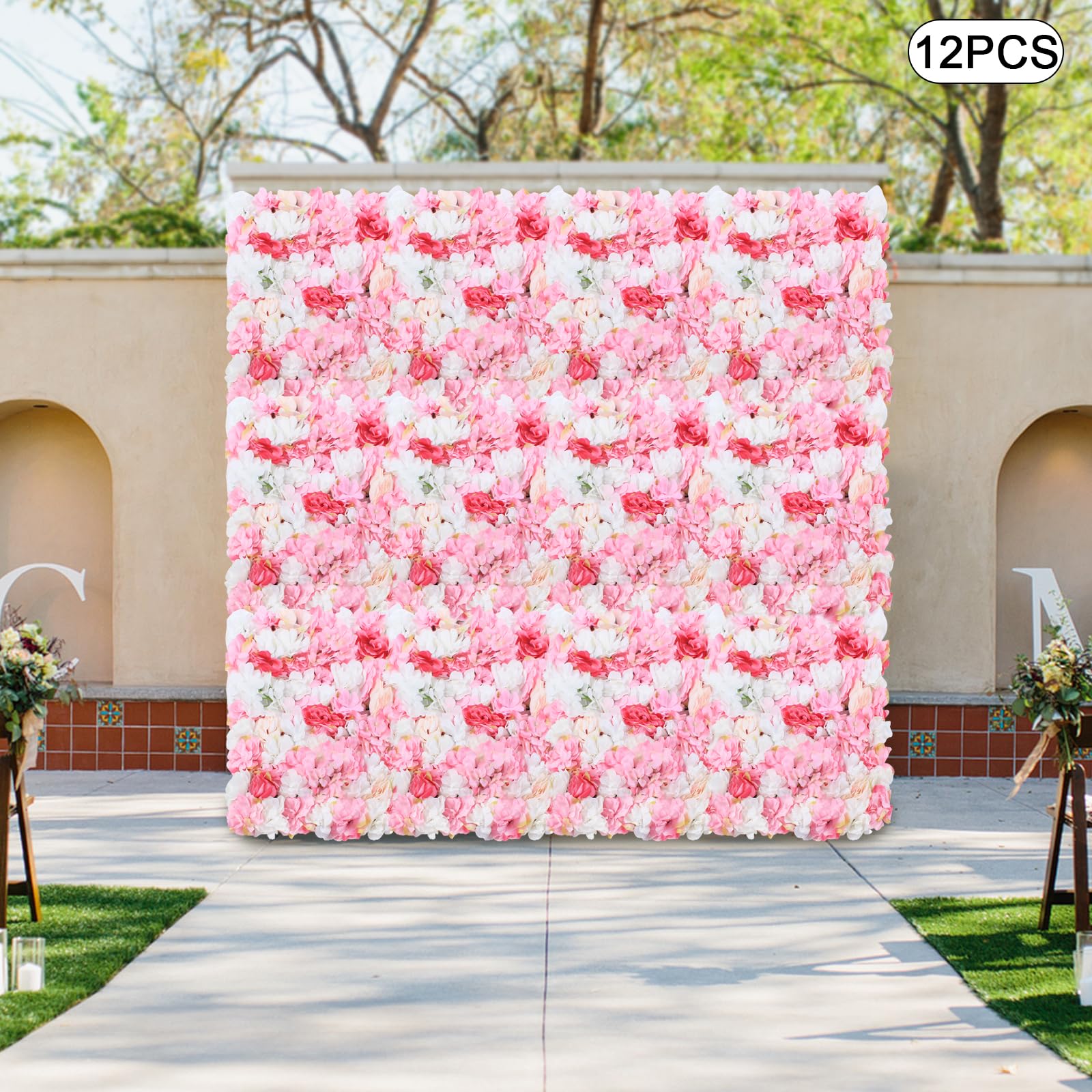 12er Set Künstliche Blumenwand 60x40cm Paneel Kunstblumen Rosa Weiß Deko | Dichte Seidenblumen Mit Rosen Dahlien Hortensien Und Gitterrückseite Für Hochzeit Event Fotowand Oder Balkon Dekoration