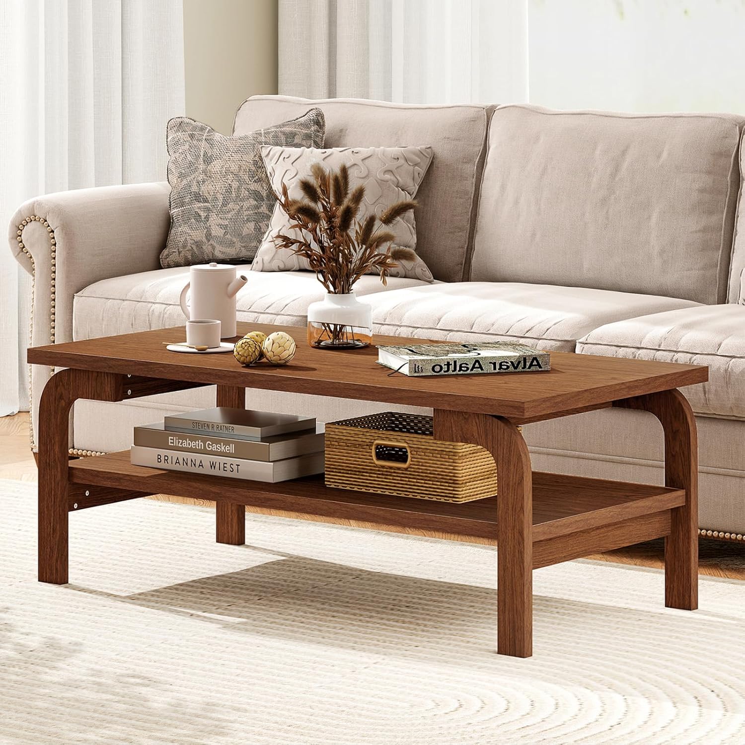 Giantex Mid Century Modern Coffee Table, 47" 2-Tier Center Table with Storage Shelf, Rectangular Vintage Cocktail Table w/Curved Legs & Large Tabletop, Wood Living Room Tables for Apartment, Walnut