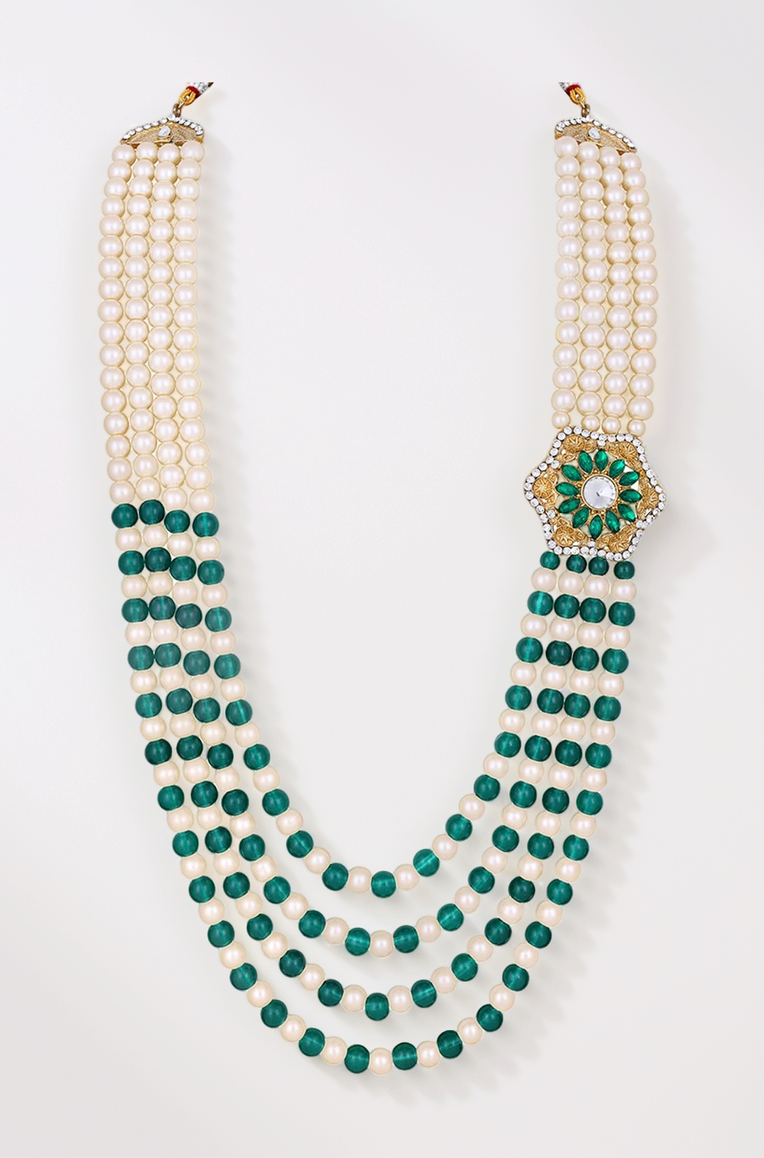 Mahi 4 Layers Green and White Glass Beads Base Groom/Dulha Moti Mala Haar Necklace for Men's (ML1108094GGre)