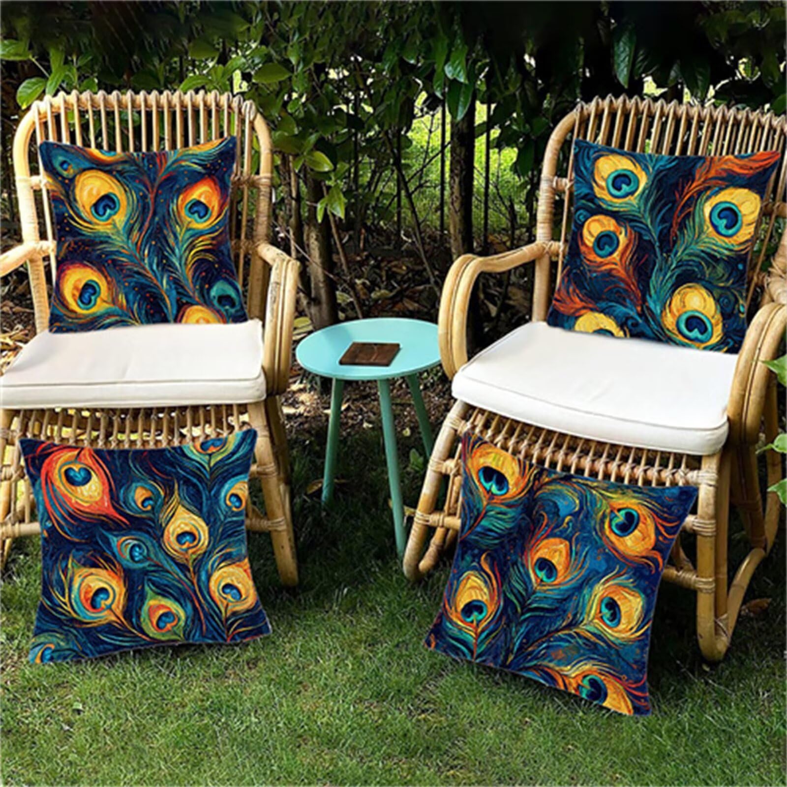 Outdoor Kissenbezug Bunte 55x55 cm Outdoor Kissenbezug Wasserdicht Dekokissenbezug Pfau 4er Set Leinen Zierkissenbezüge Kissenhülle Sofakissenbezüge für Garten, Schlafzimmer, Sofa, Stuhl, Bett, Y-8