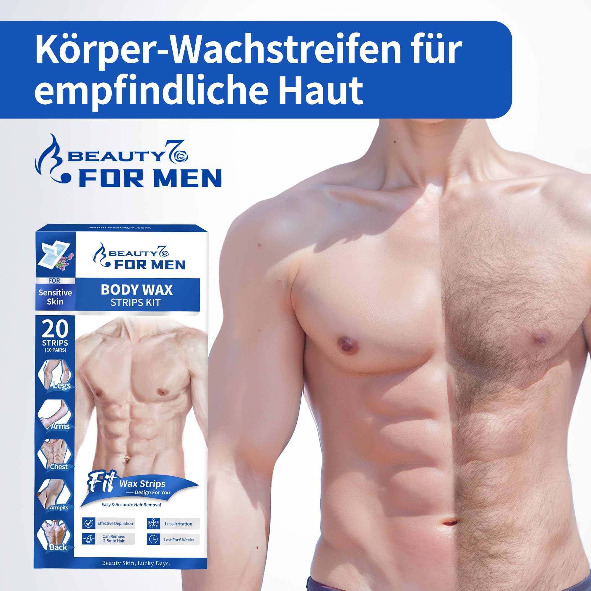 Beauty7 Kaltwachsstreifen für Männer – Für empfindliche Haut | 20 Streifen + 4 Pflegeöltücher – Sanfte & effektive Haarentfernung an Brust, Rücken, Achseln und Beinen