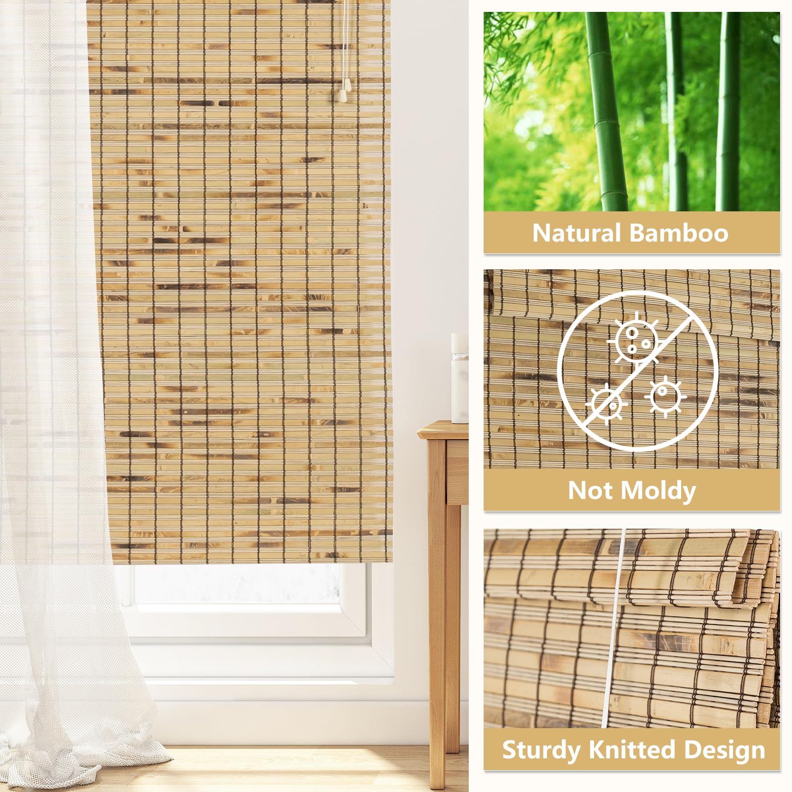 Bamboo Roman Window Blinds Sun Shades, 72W x 72H, Light Filtering Roller Shades,Any Size 24-72 Wide and 72 High