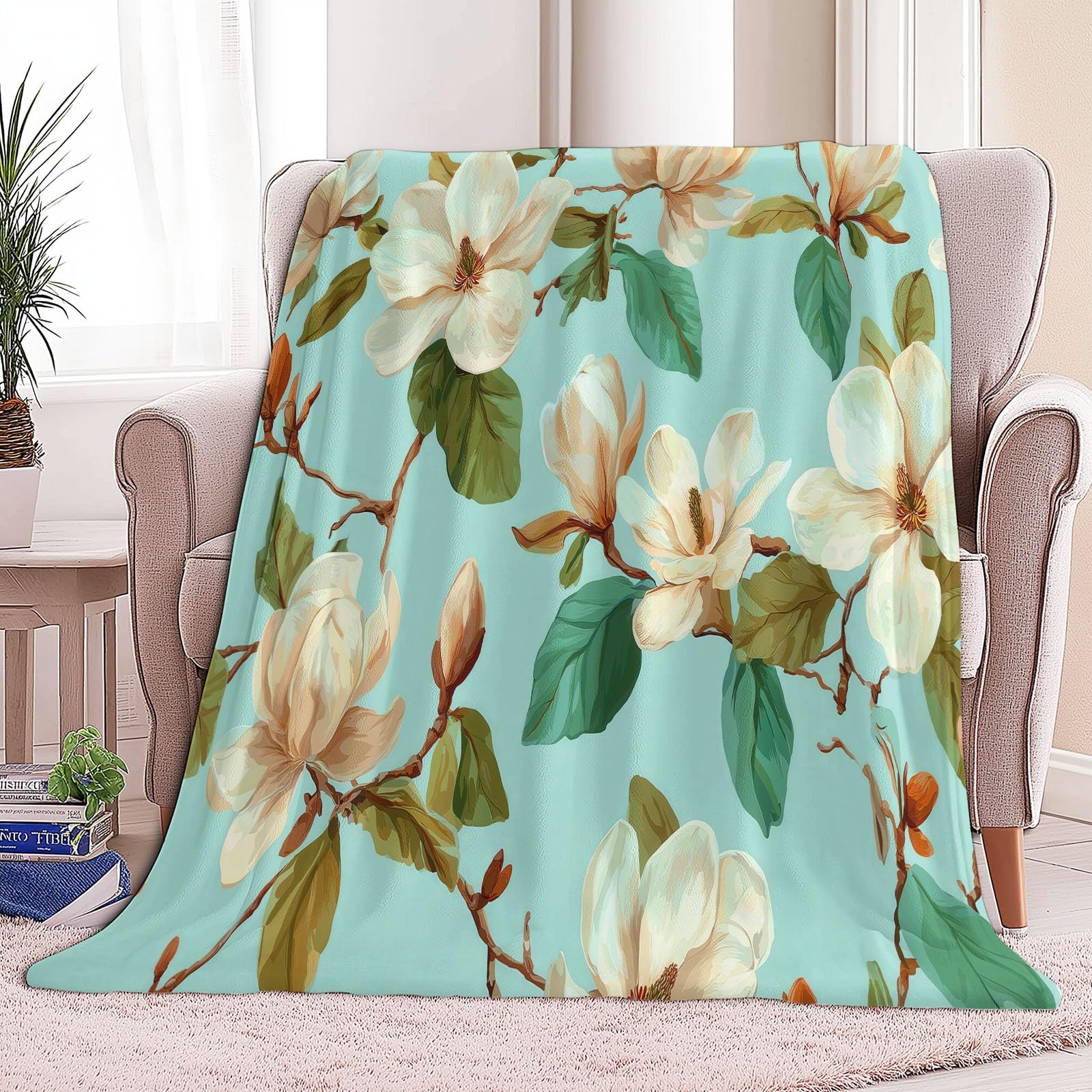 Coperta in flanella, motivo magnolia in stile champagne, 150 x 200 cm, coperte in pile in microfibra pile per tutte le stagioni, per viaggi, divano per bambini, adulti, verde