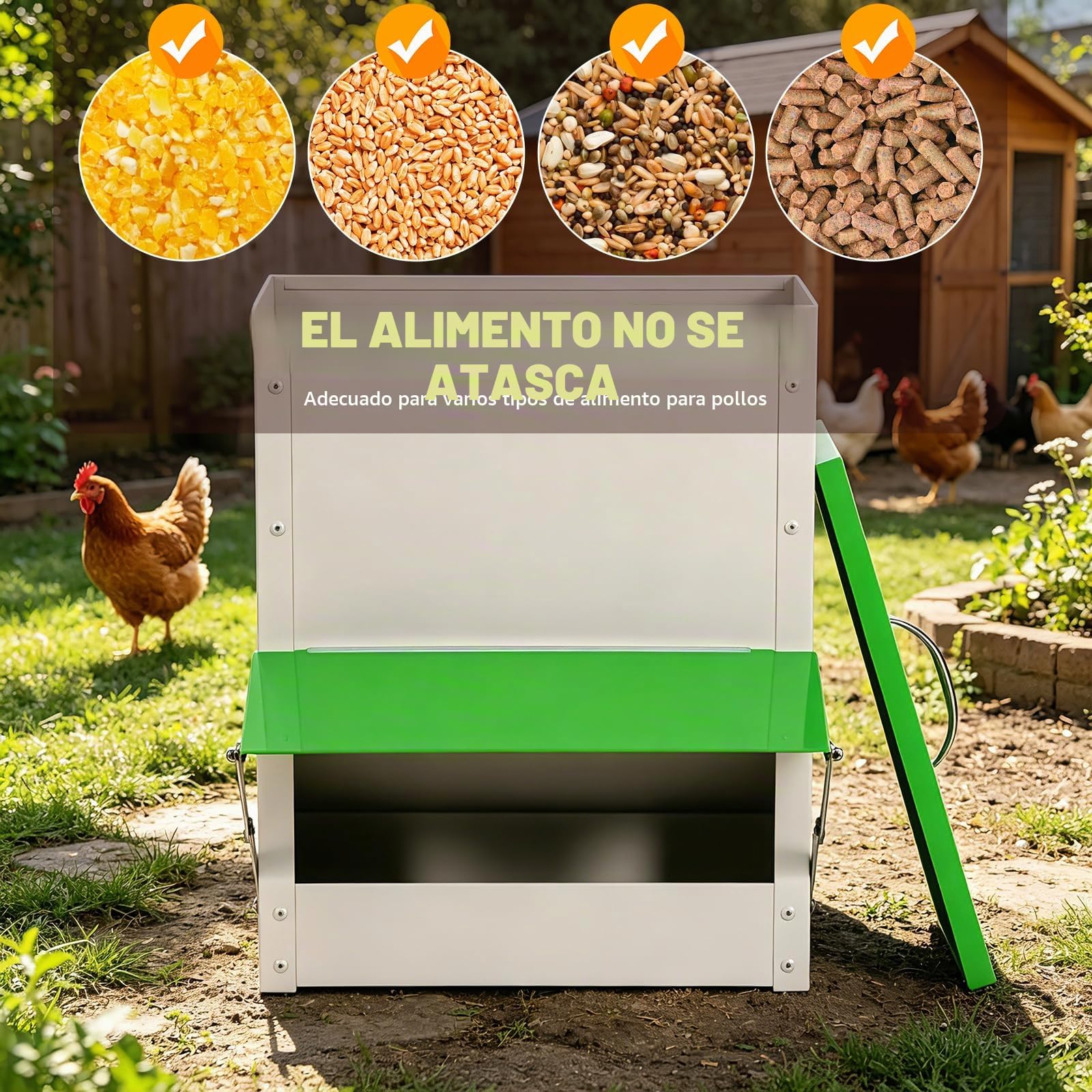 Comedero Automático para Gallinas Anti Ratas, Alimentador Automático De Pollo, Comedero Colgante para Pollos Pato, Metal, Esistente A La Lluvia, Tolva Exterior