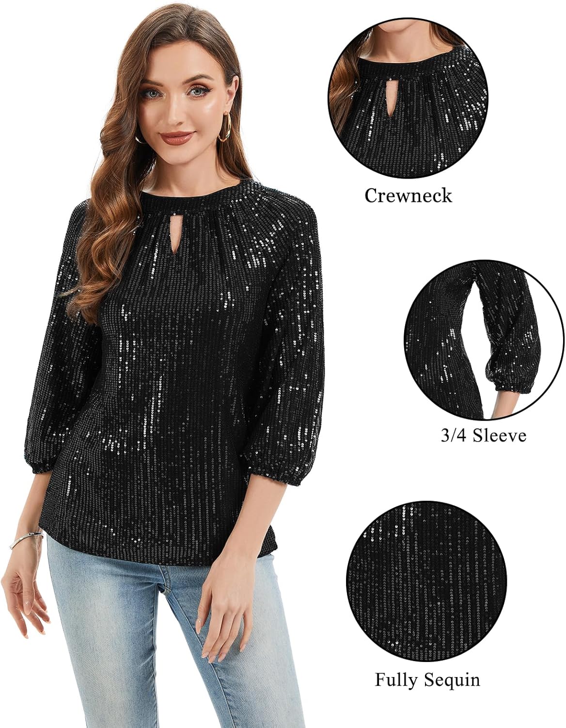 Women's Elegant Sparkly Sequin Tops 3/4 Sleeve Glitter Dressy Keyhole Blouses Club Party Tops - Image 4
