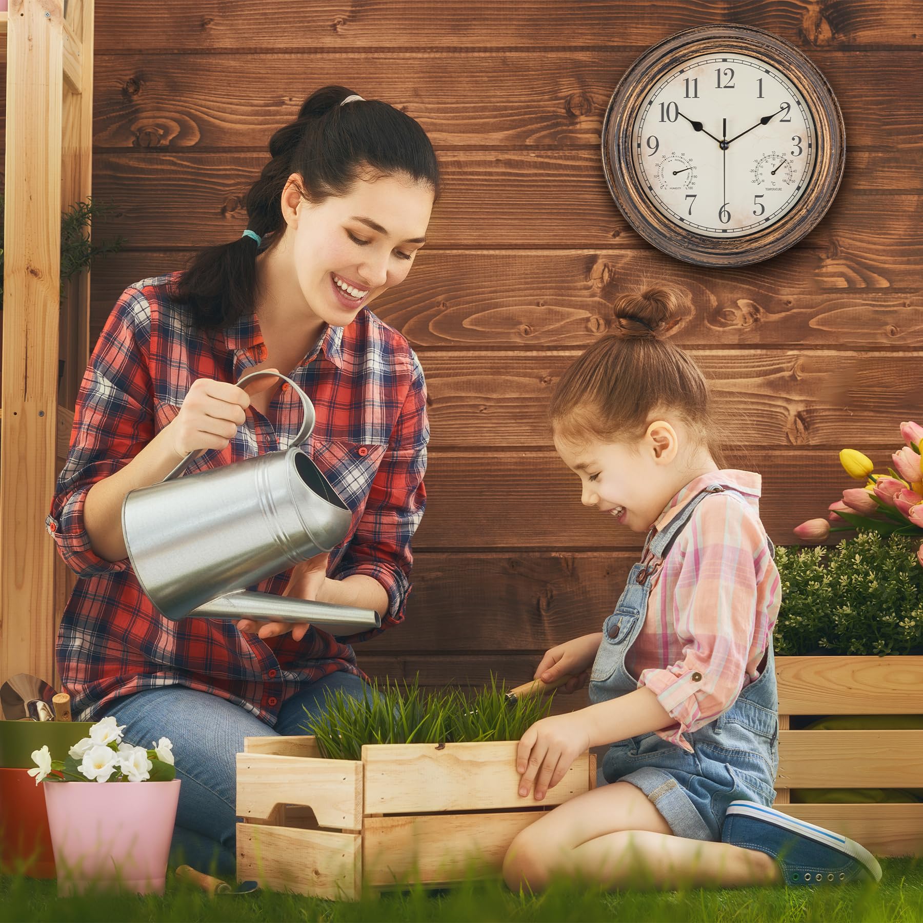 Horloge murale de jardin - Étanche - Vintage - Avec thermomètre et humidité - 30 cm - Sans tic-tac - Résistante aux intempéries - Pour terrasse, piscine, porche, jardin, salle de bain