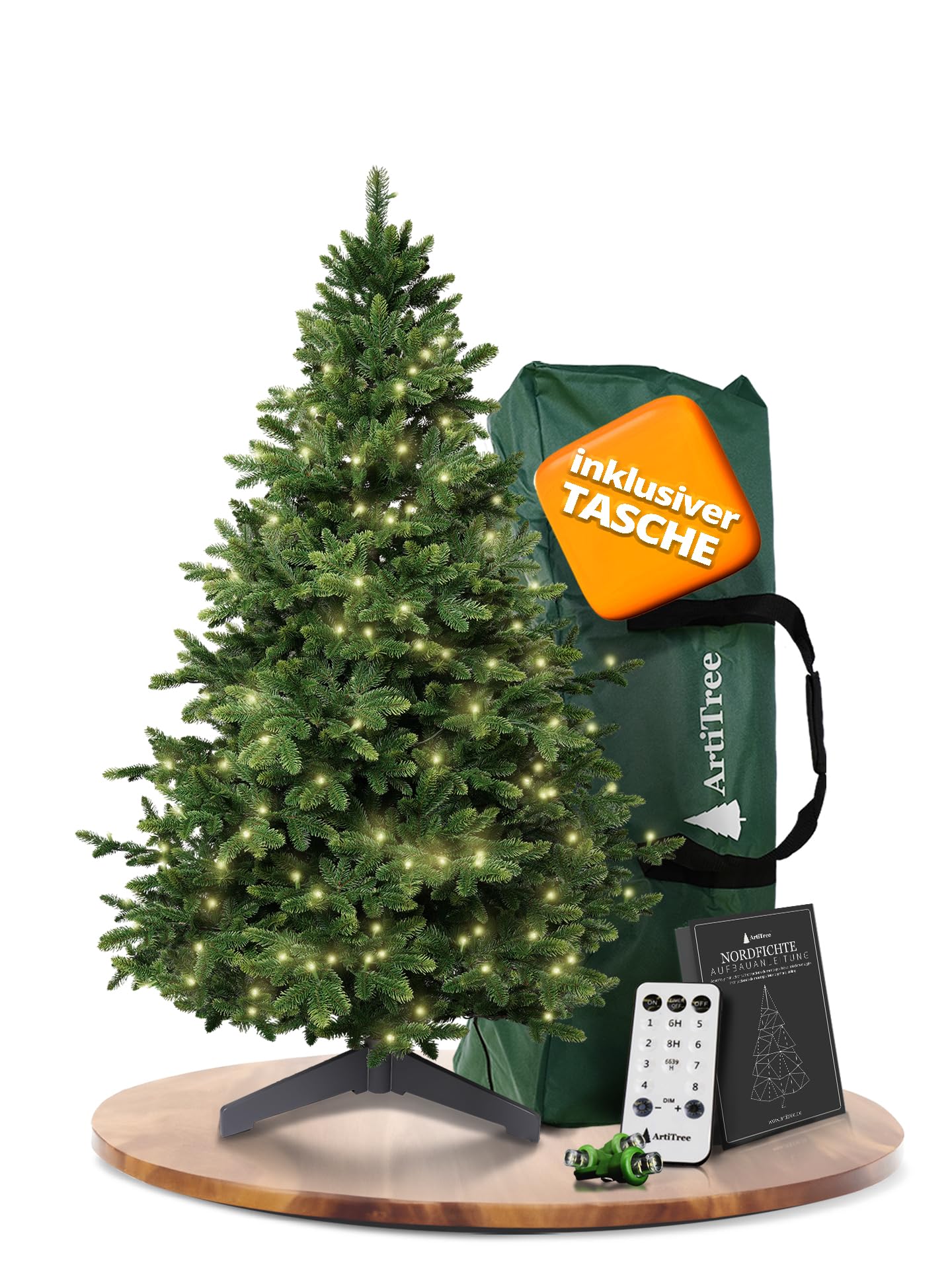 ArtiTree Künstlicher Weihnachtsbaum 150 cm – 100 % Spritzguss Nordmanntanne mit LED | Premium Tannenbaum naturgetreu inkl. FSC-Holzständer & Aufbewahrungstasche