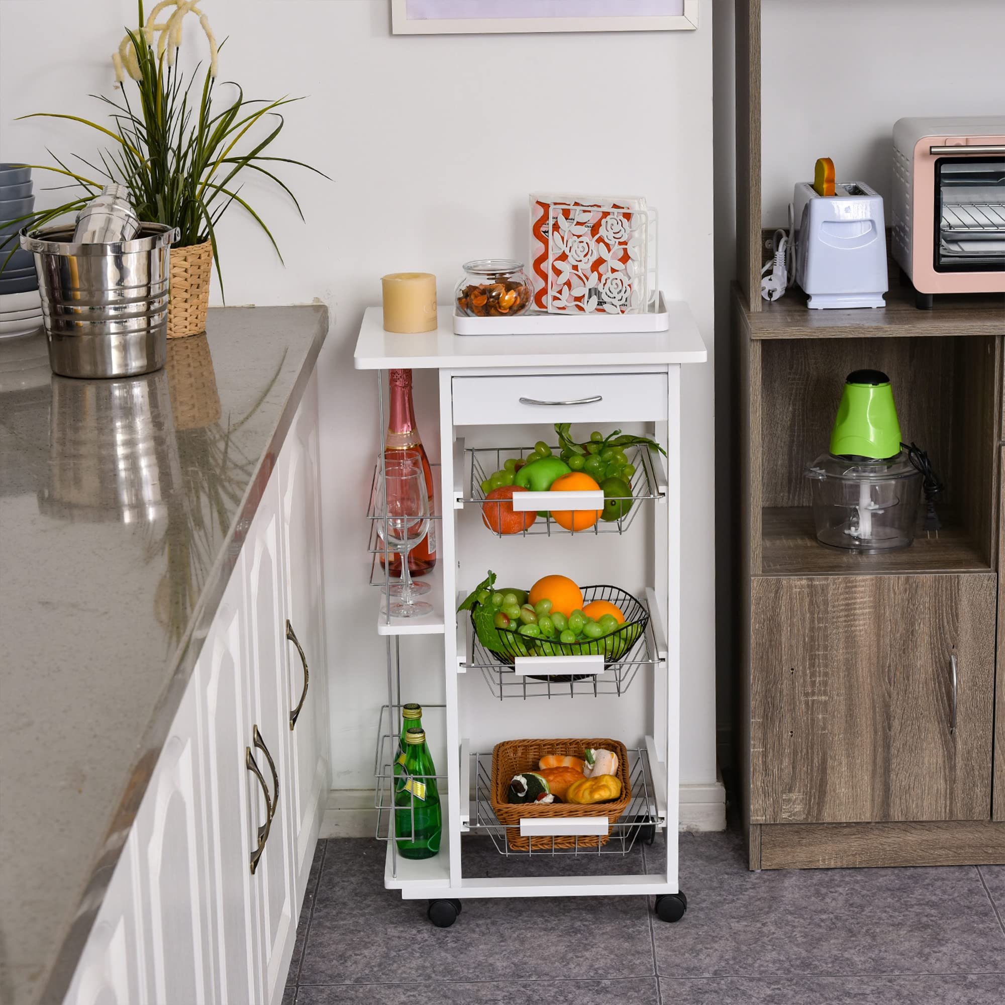 HOMCOM Carrello Isola da Cucina Salvaspazio in Legno di Pino, Carrello Portavivande con 4 Ruote Cassetto 3 Cesti Estraibili Portafrutta, Bianco