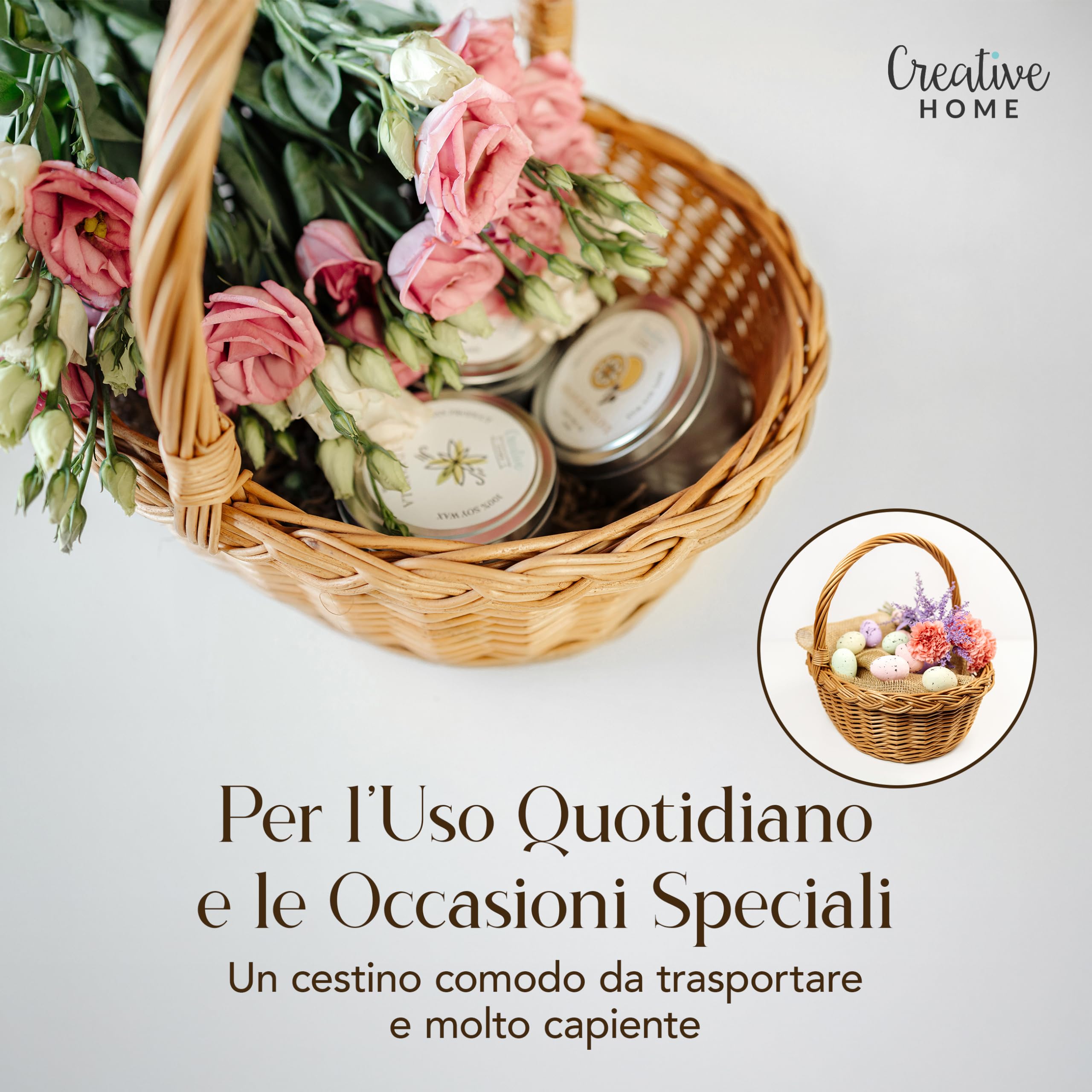Creative Home Cestino in Vimini Piccolo con Manico 35 x 30 x 35 cm | Cesto Pasquale | Cesta Vimini Intrecciata a Mano | Cestino Regalo Portaoggetti | Cesto Nascita, Porta Bomboniere, Pasqua