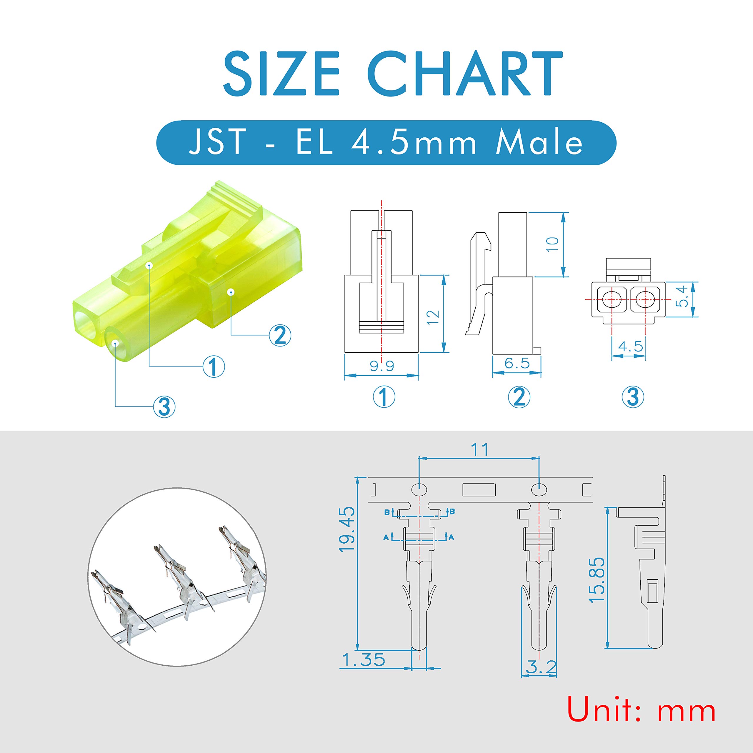 CQRobot JST EL 4,5 mm Paso 2-Pines Conector IC Macho Enchufe, Hembra Receptáculo Carcasa y Macho/Hembra T Forma Engarce Terminal. 50 Juegos / 300 Piezas Cable a Cable Adaptador Componentes.