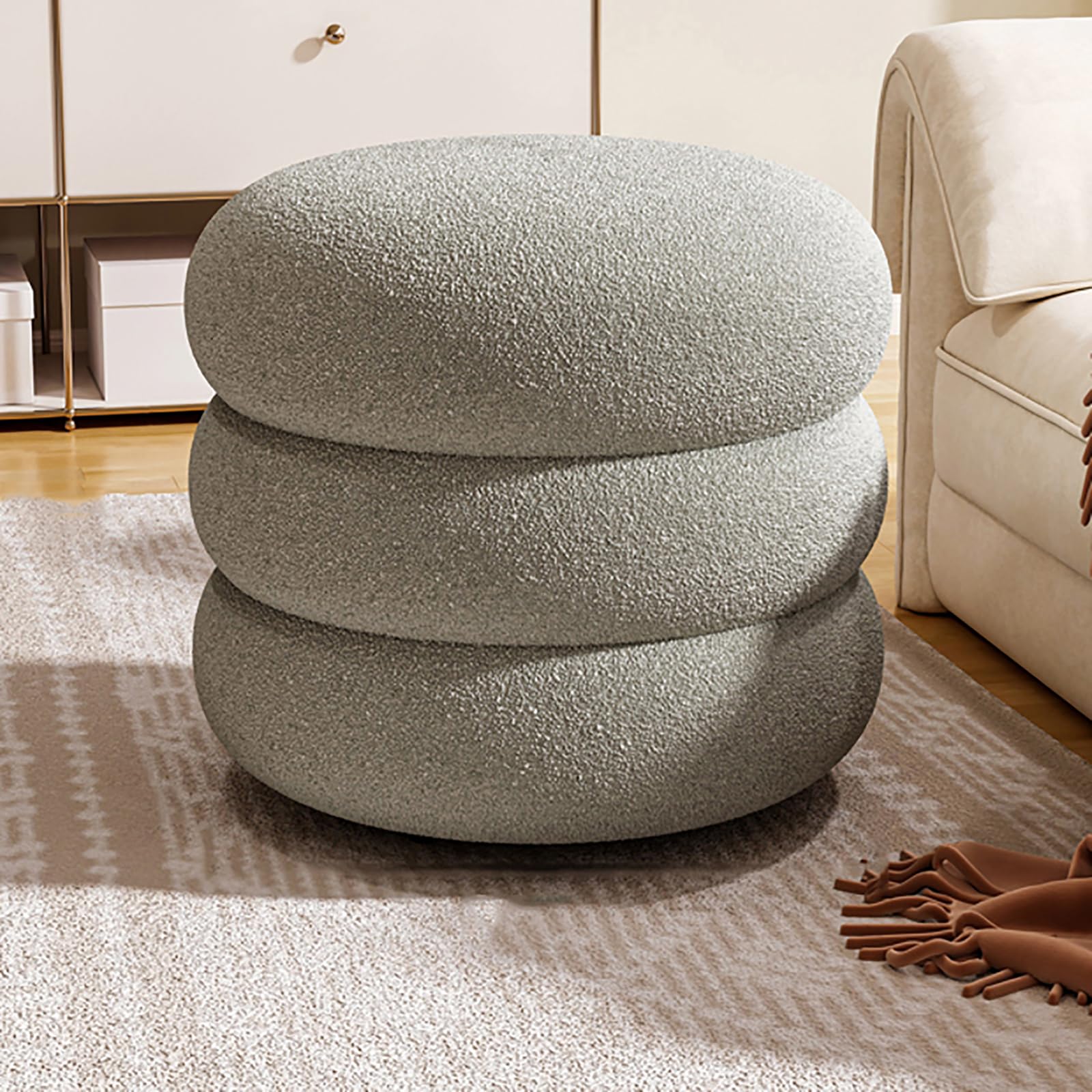 Boucle Ottoman チャコールグレー 2way Modern Round Boucle Ottoman Stool With Compact Padded Vanity Seat