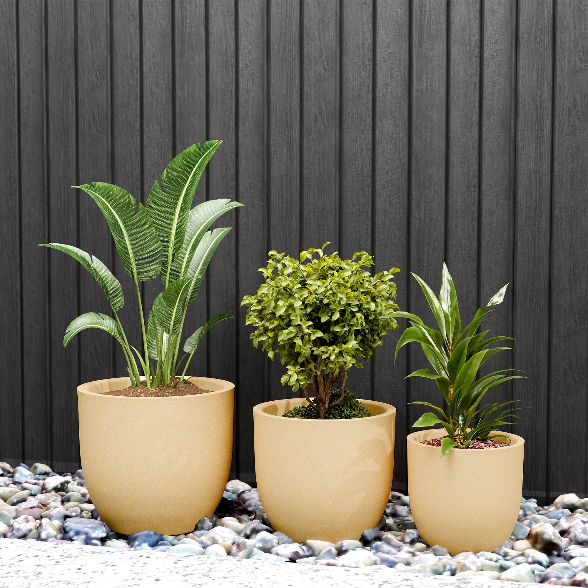 YUCCABE ITALIA FOXB PCUP 17,15,12 Inch Pack of 3,Pots for Plants Highly Durable Polymers Lightweight Indoor OutdoorFlower Pot Gamla Tree Planter Container for Living Room,Balcony,Garden,Beige