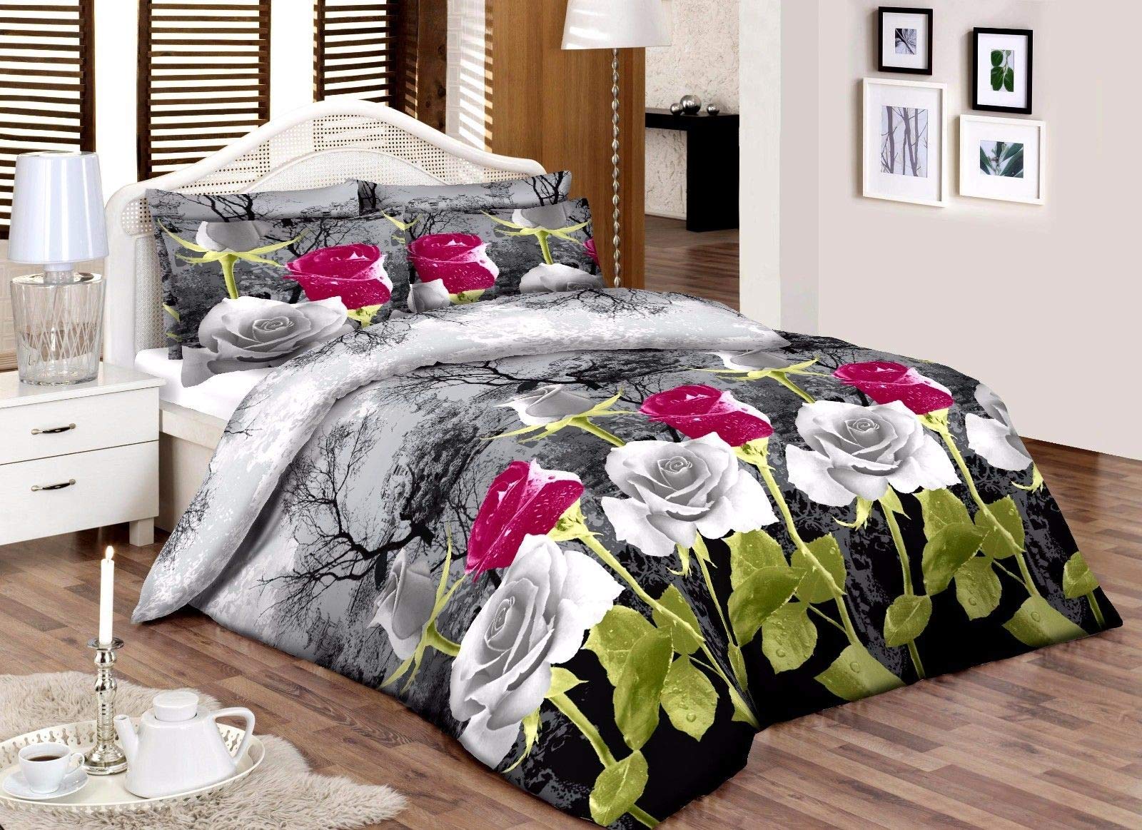 HASSTEX Printed Roses Florence Style 100% Egyptian Cotton Pillowcases (Purple-Grey-Roses-PairPillowCases)