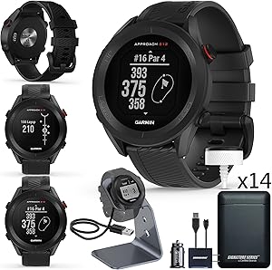 Garmin Approach S12 Golf Watch with Accessories for Improved Game Performance Garmin Approach S12 Golf Watch, accessories including charging cable, dock, power bank, carabiner, golf tools, and additional items, ideal for golf enthusiasts.