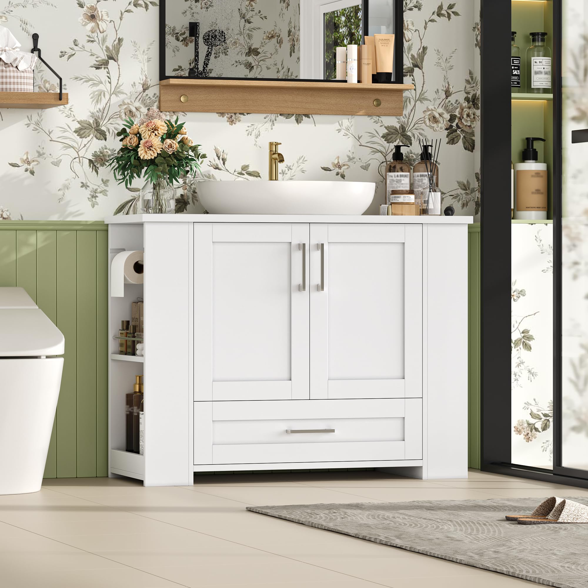 FOREHILL 80cm Mueble Baño Lavabo, Mueble Lavabo con Pie, Blanco | Mueble Baño, con 2 Portarrollos, 2 Puertas, 1 Cajón, 4 Estantes Abiertos, 80x30x63,5cm