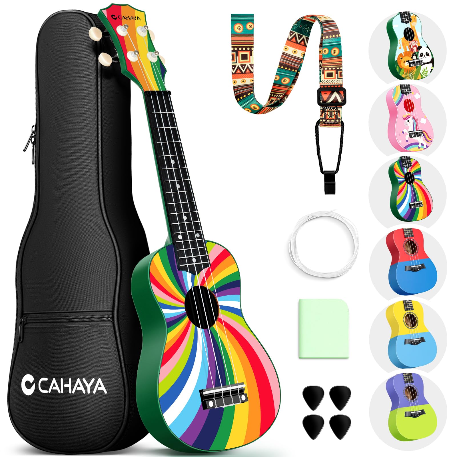 Soprano Ukulele for Kids Beginners Kit with Padded Gig Bag& 4 Picks& Extra Nylon Strings& Strap Basswood Material with Geared Machine Head 21 Inch Rainbow Pattern