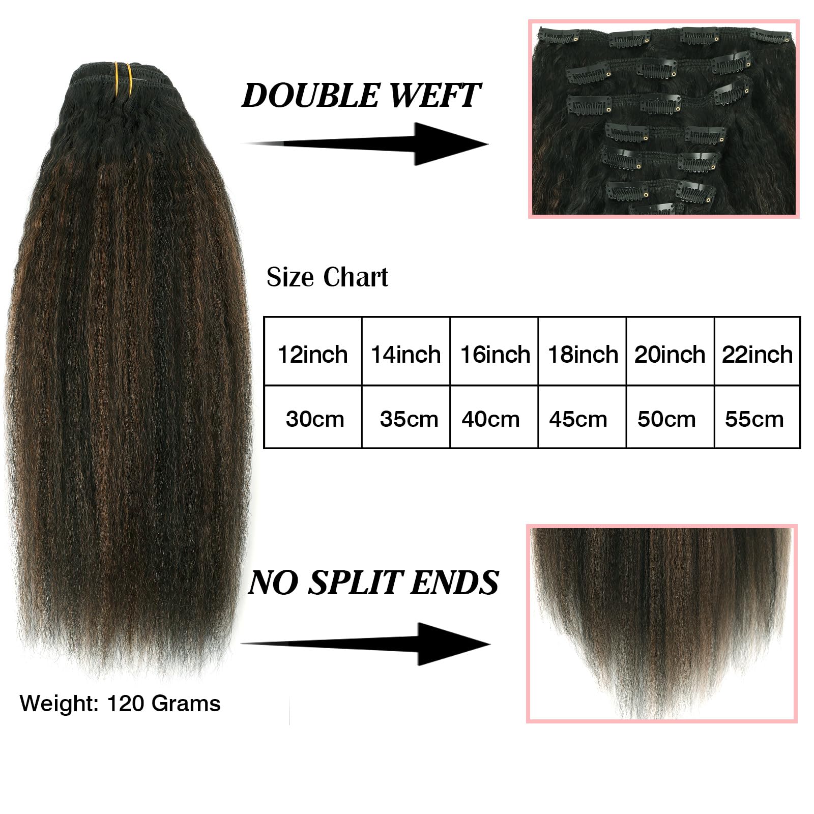 Sixstarhair Estensioni dei capelli umani Kinky Straight Clip Ins Doppia Trama con Radici Nere che si decolorano In Nero Naturale Con Marrone Cioccolato 4# per Donne Nere 120g 50cm 7 Pezzi