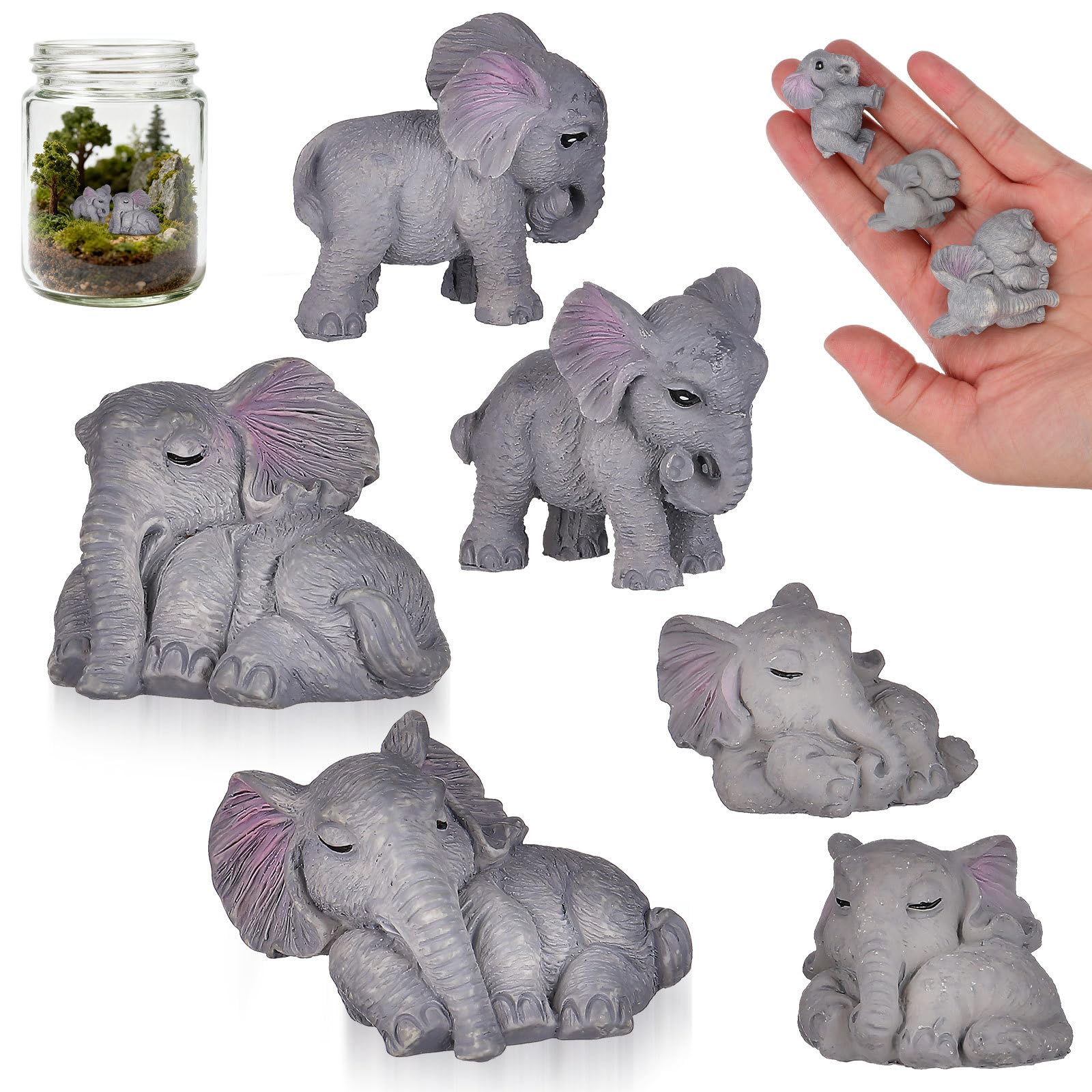 SUPVOX 6Pcs Miniature Cartoon Elephant Figurines Set - Mixed Assorted Styles Resin Animal Ornaments 1.8cm to 4.7cm - Tiny Elephant Statues for Fairy Garden Bonsai and DIY Micro Landscape