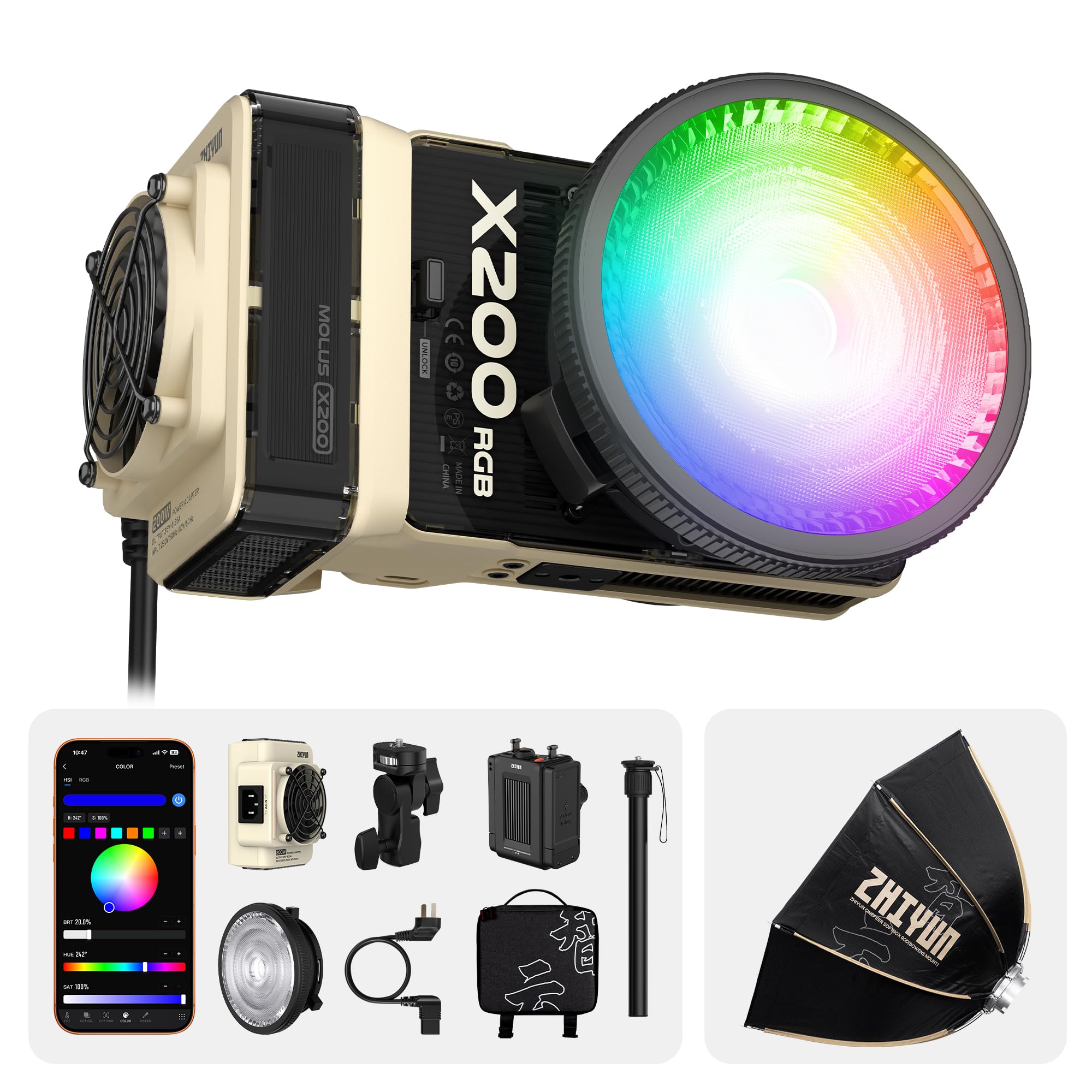ZHIYUN MOLUS X200 RGB Combo 200W Video Light 35-inch/90cm/2.9ft Bowens Mount Octagonal Softbox [Official] Handheld Professional Photography Lighting Portable Continuous Output Lighting
