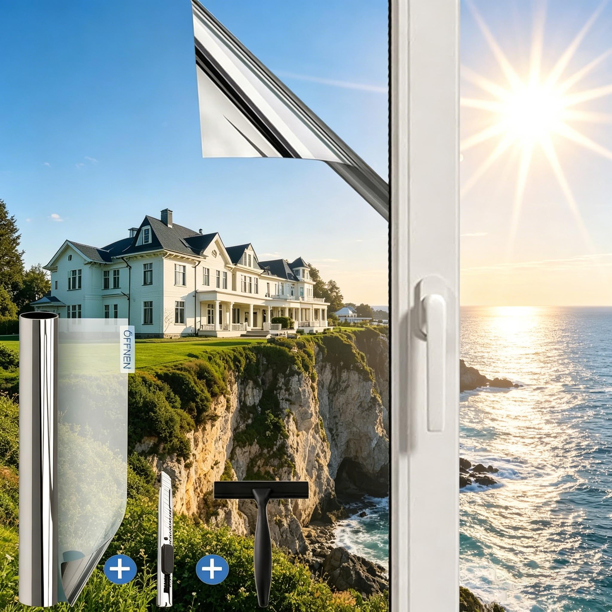 Gutsurge Spiegelfolie Fenster Sichtschutz 44.5x200cm Sonnenschutzfolie Fenster Innen & Außen Fensterfolie Sonnenschutz Einseitige UV Folie Fenster Hitzeschutz ideal für Wohnzimmer und Büro, Silber