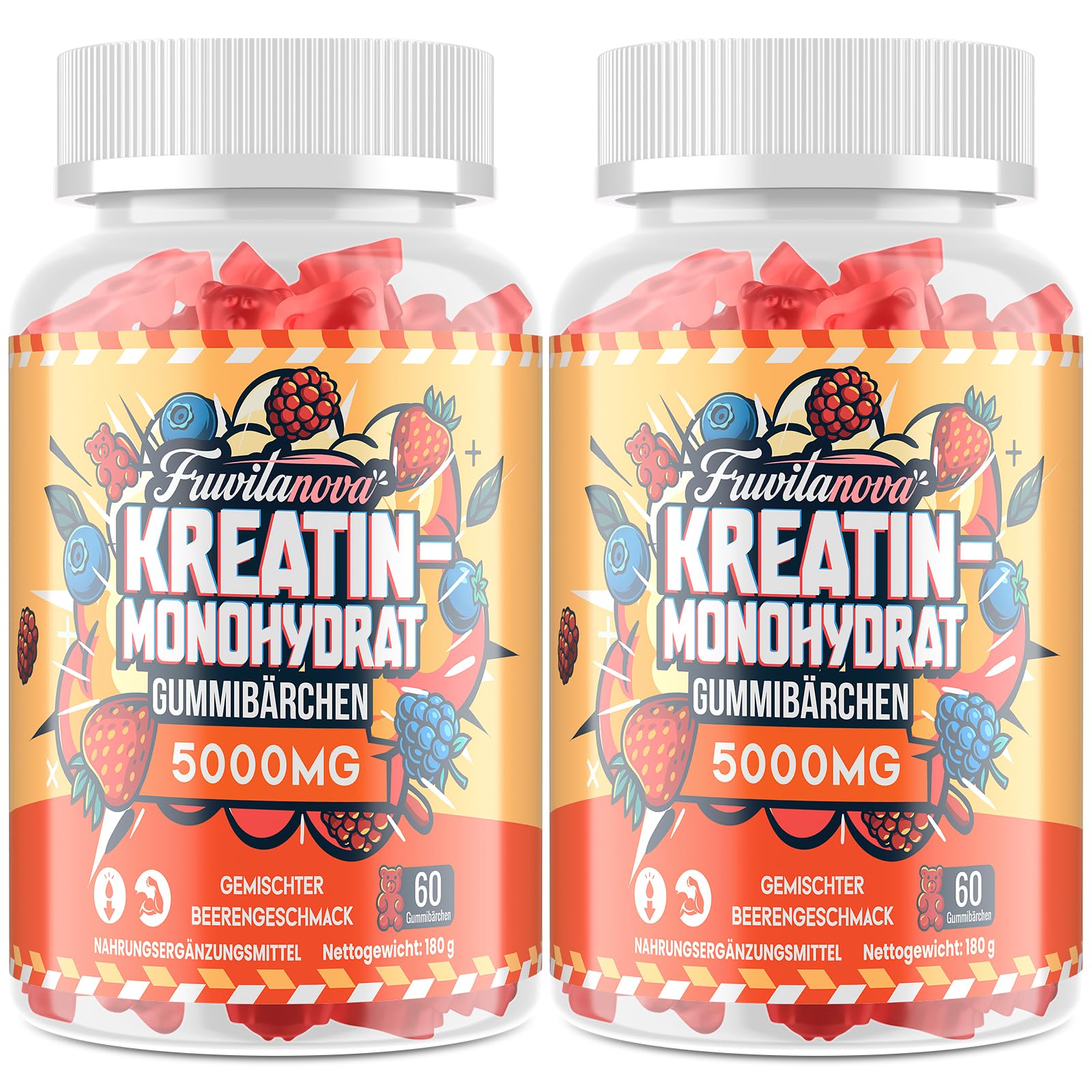 Kreatin Monohydrat Gummibärchen 5000 mg pro Portion, weiche Gummibärchen mit Fruchtgeschmack, Taurin und schwarzem Pfeffer für Muskeln und Kraft, 60 Stück