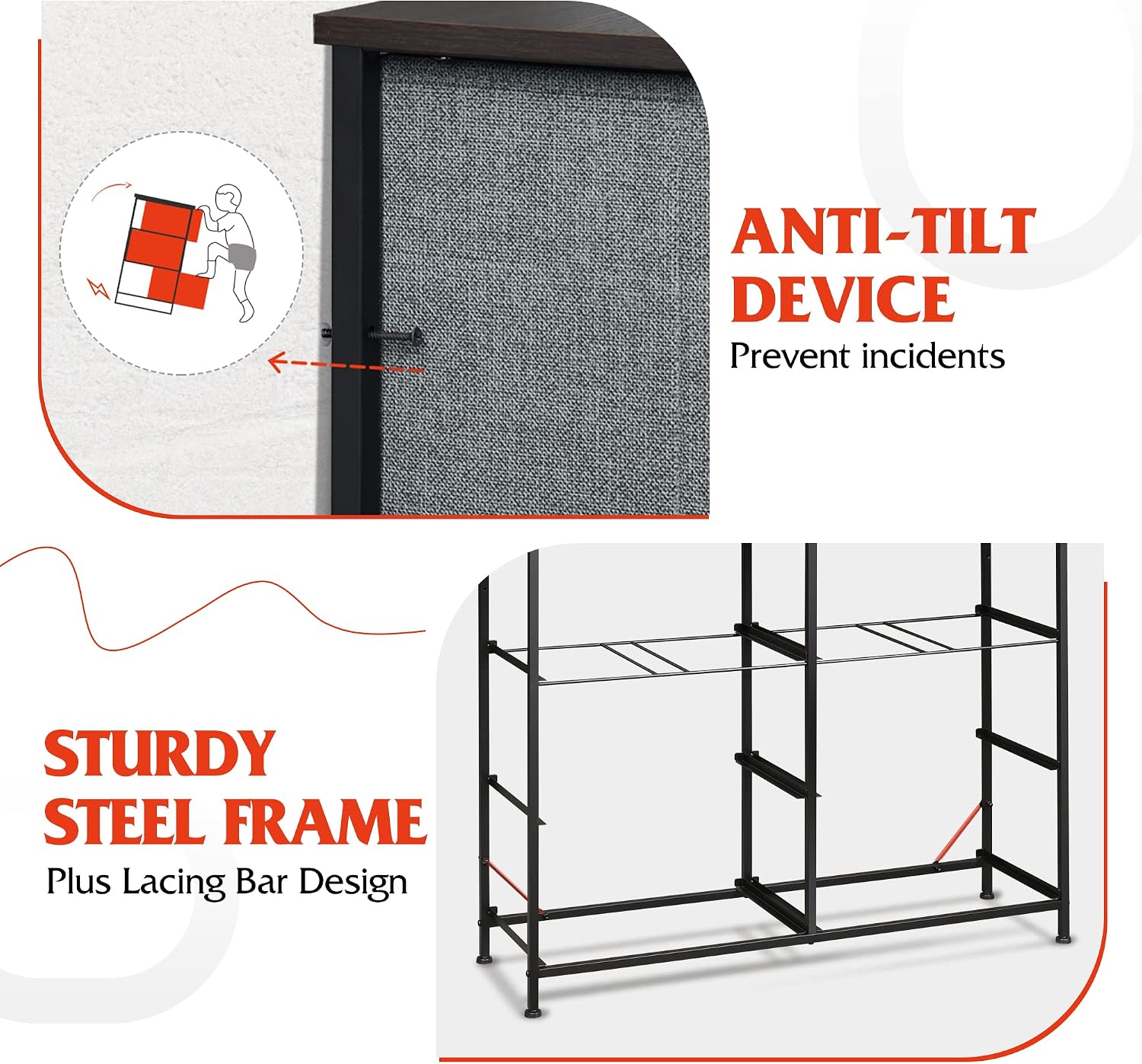 Anti-tilt device and sturdy steel frame details