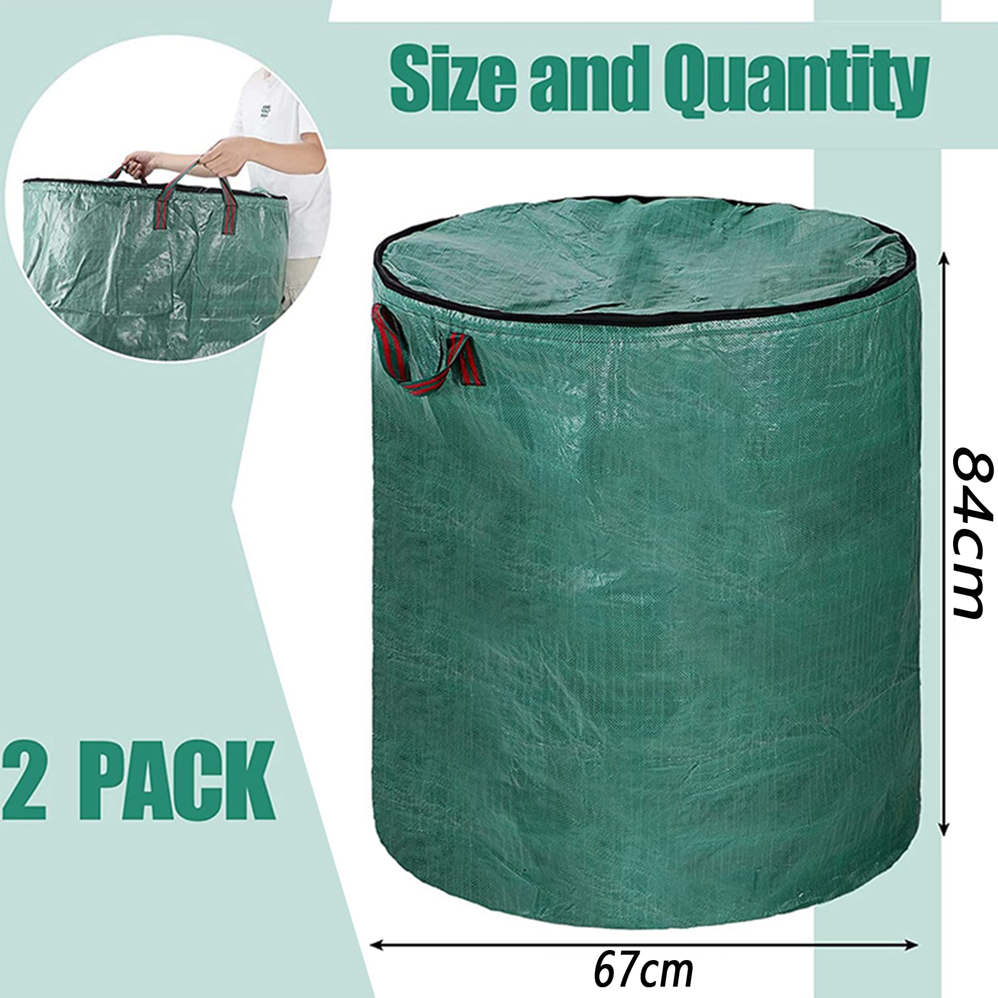 2PCS Sacchi da Giardino con Coperchio a Zip, Sacchi Spazzatura con 4 Maniglie Antistrappo, Robusto, Idrorepellente, Riutilizzabile per Raccogli Foglie da Giardino, Rifiuti Verdi(300L)