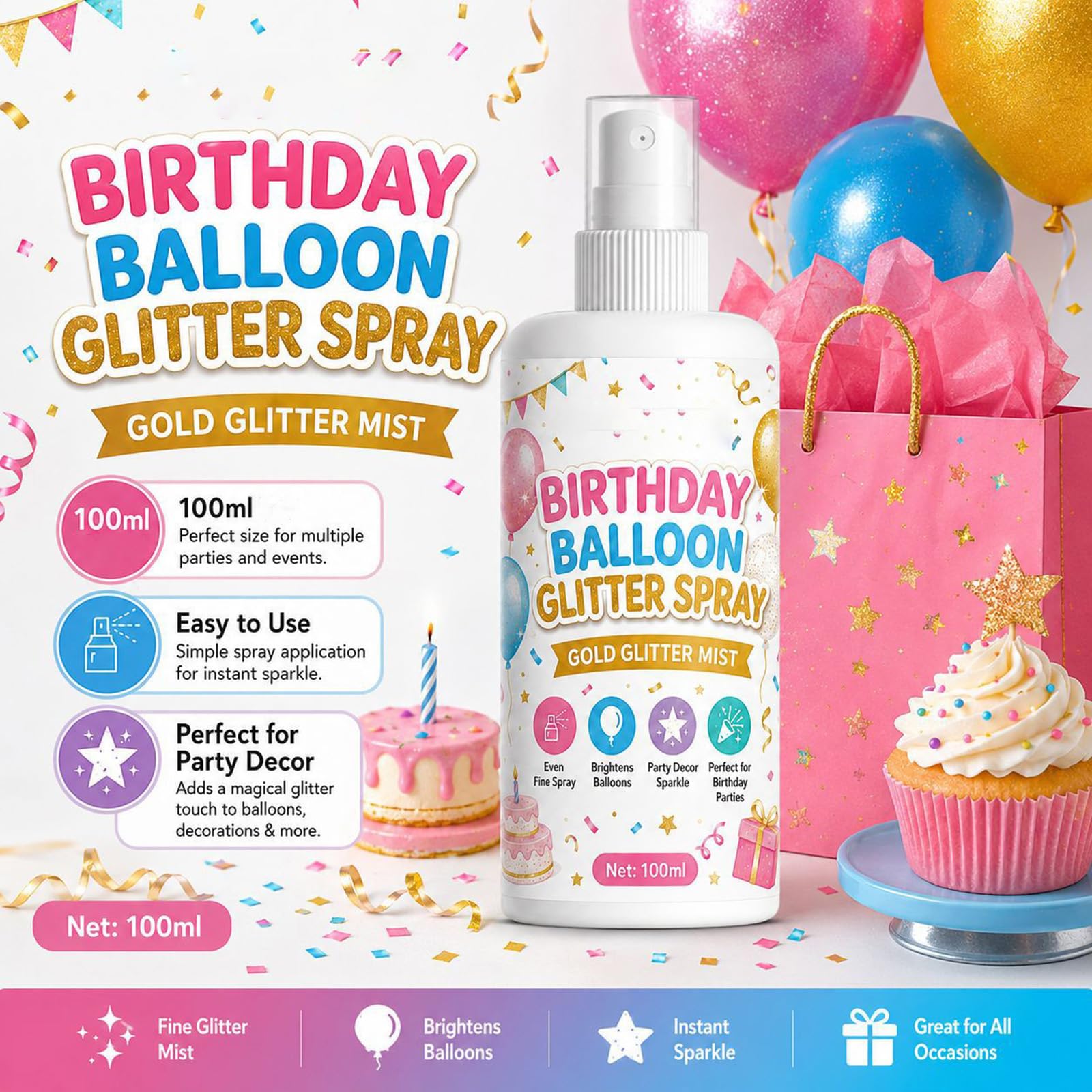 Spray glitter oro per palloncini con polvere scintillante lucida, nebbia scintillante istantanea con brillantini dorati per decorazioni per feste, spray brillante fine per palloncini (6pcs)