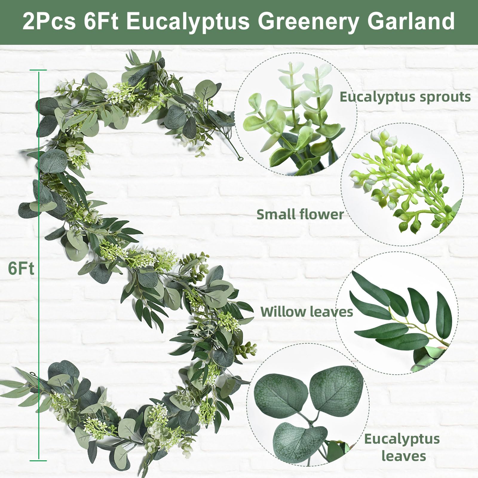 IWNTWY 6Ft Eucalyptus Garland, Upgrade Bushy Artificial lvy Greenery Vines with Flower Gypsophila Willow Leaves for Home Wedding Arch Party Table Runner Centerpiece Decor