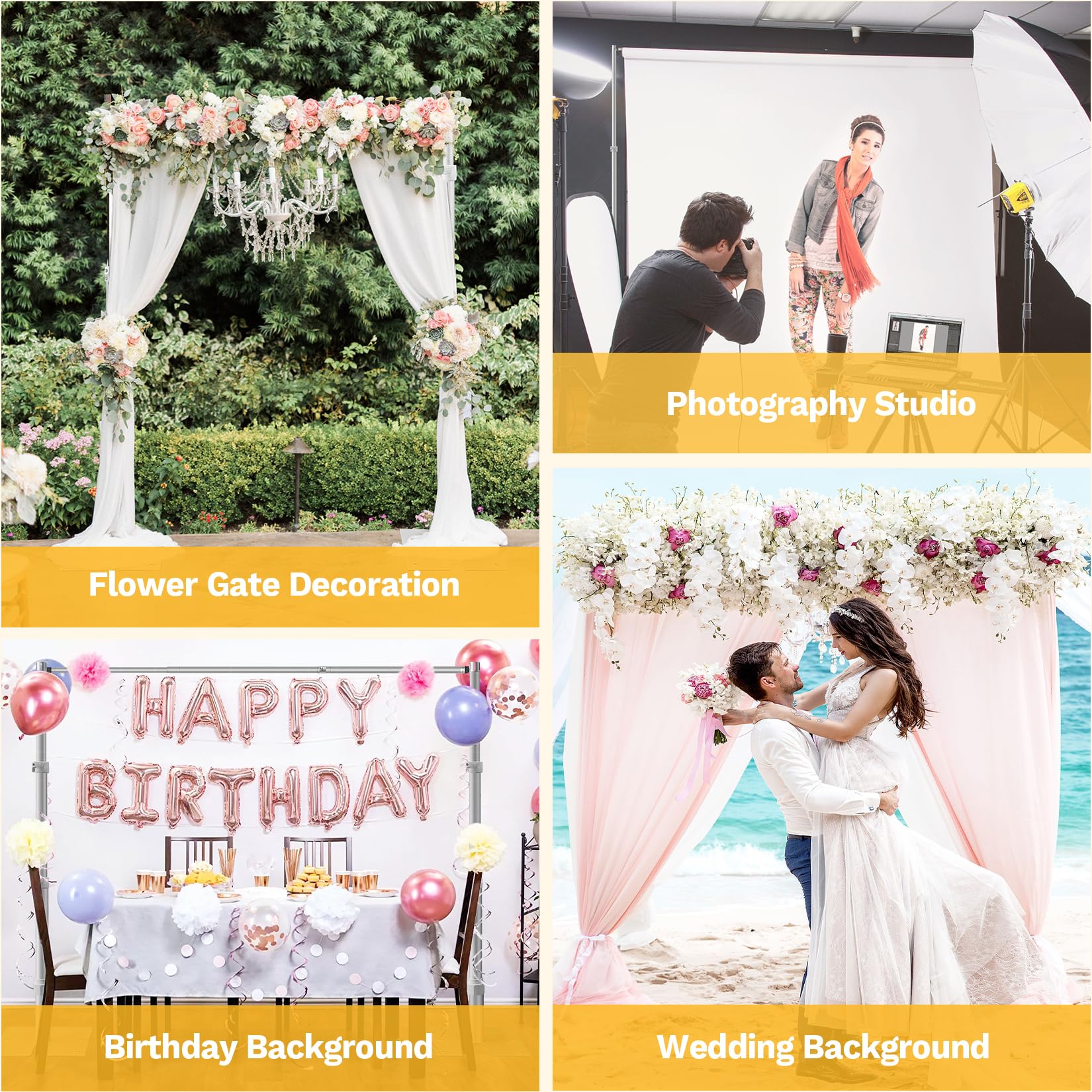 Jiang&Rong 3 x 3 m Support de Toile de Fond Réglable, Robuste | Pour Mariage, Fête D'anniversaire et Décoration de Banquet - Argenté