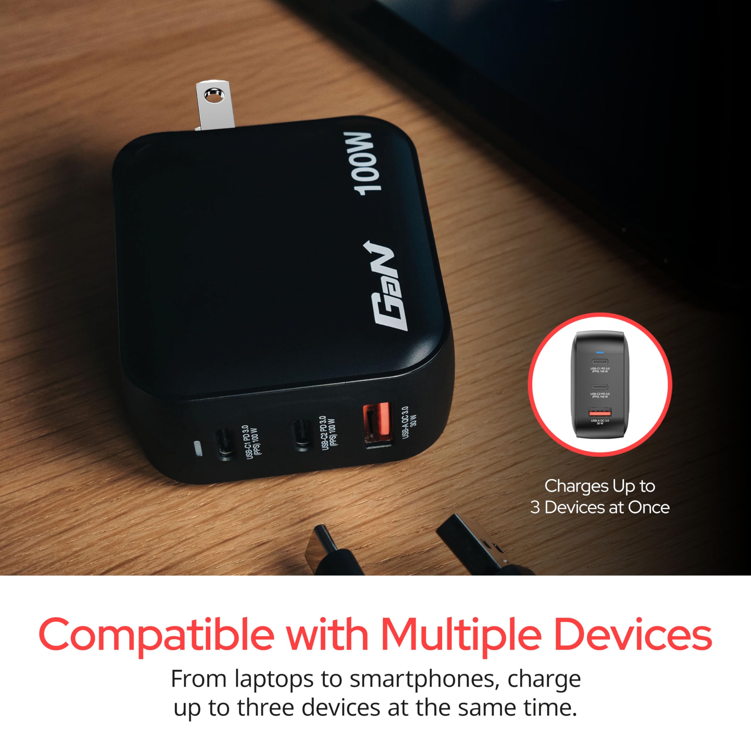 Verbatim Mini GaN Charger ładowarka 100 W, 3 porty USB-C ładowarka, adapter 2 x USB-C i 1 x USB-A, szybka ładowarka z wieloma wtyczkami, Apple MacBook, notebook, iPad, iPhone, Samsung i Co, do UE, UK,