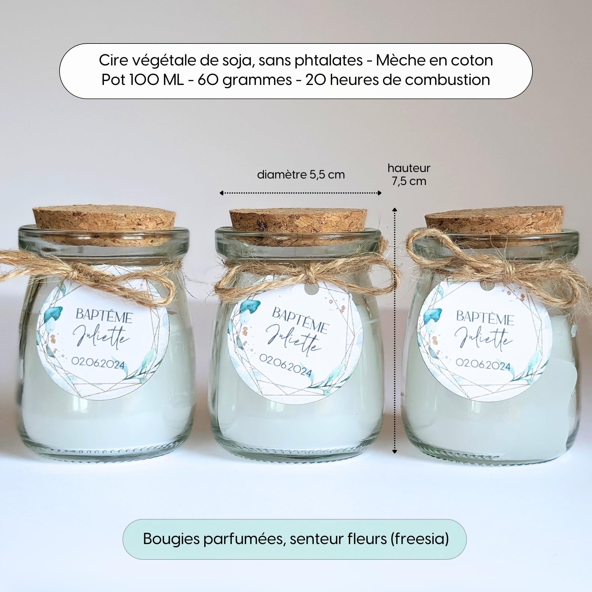 15 Grandes bougies personnalisées | 20H - 100ML - 60GR | Cadeau invité mariage, baby-shower, baptême, communion, anniversaire - Cadeau merci | TE Whaka