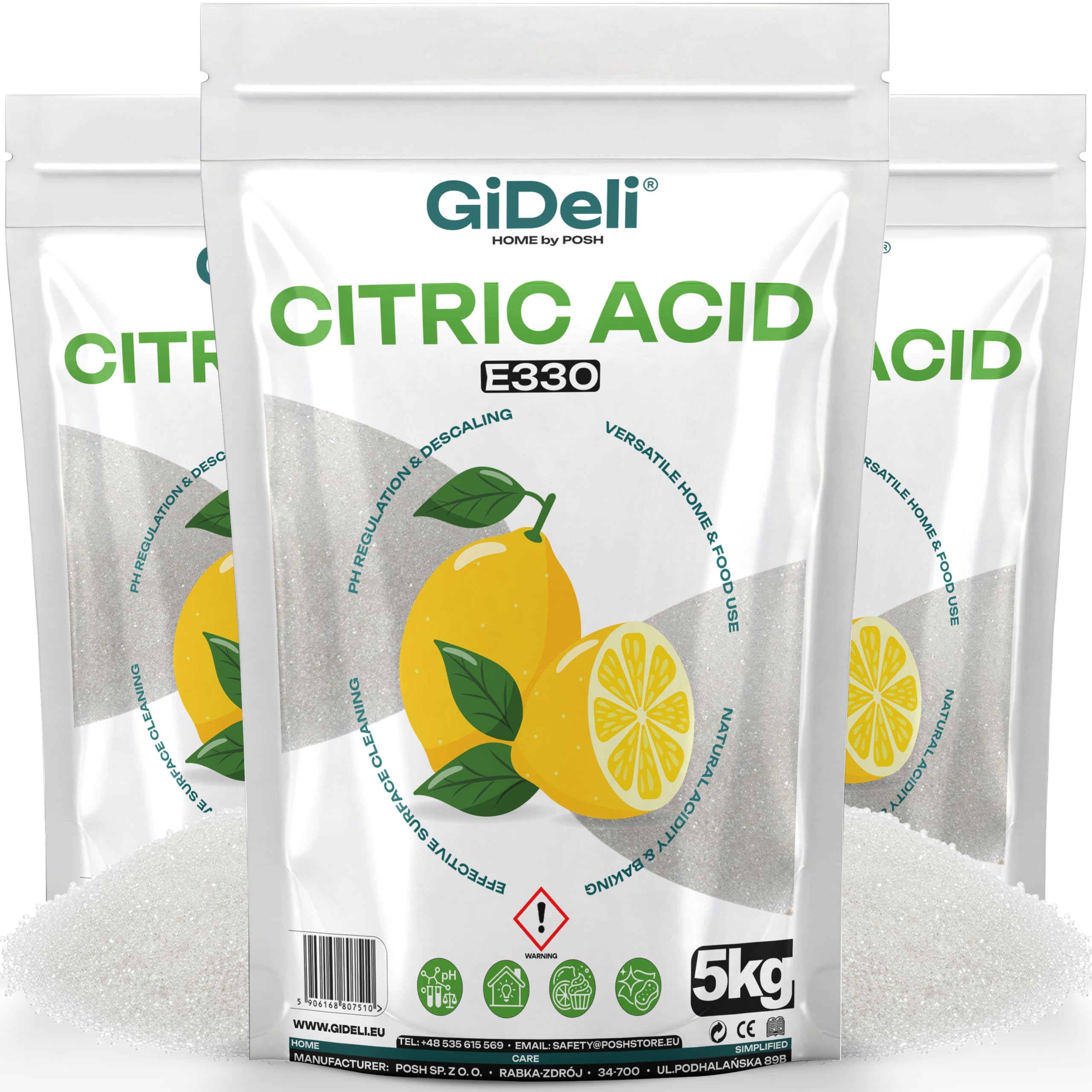 GiDeli Acido citrico alimentare 3 sacchetti da 5 kg - Polvere E330 pura
