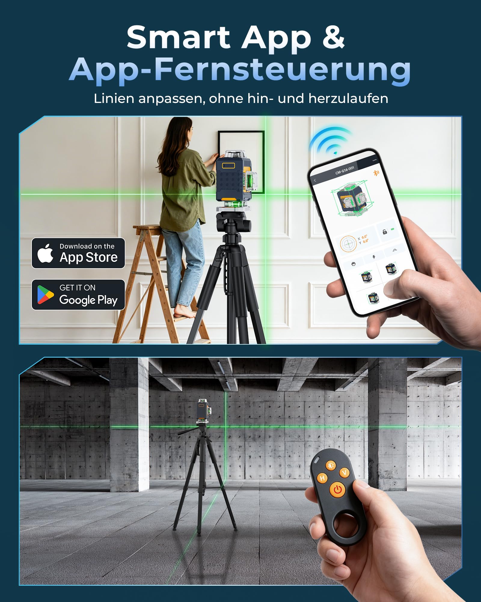Kreuzlinienlaser 4X360°, CIGMAN Intelligente Selbstnivellierend mit App | Fernbedienung, Professionelles Grün Laser Nivellierwerkzeug für Bau, Fliesenlegen, Rahmenbau, abgehängte Decken,CMG16