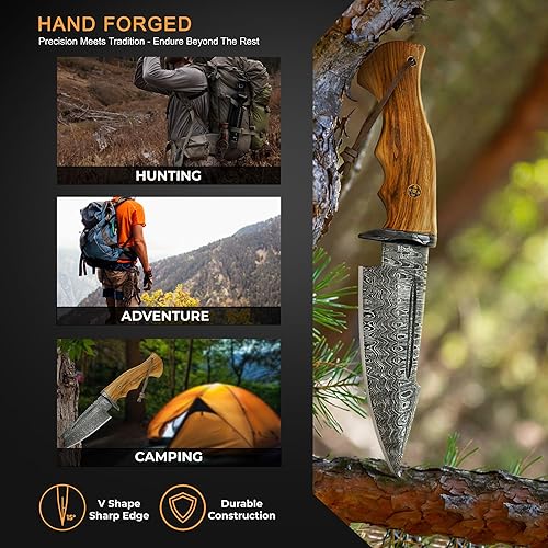 Miniatura 10 de Cuchillo de caza de Damasco hecho a mano de 10 pulgadas con funda  Cuchillos de caza de hoja fija para hombres  Cuchillo EDC de hoja fija con mango