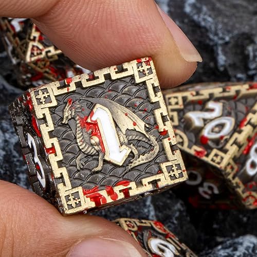 Miniatura 4 de DND - Juego de dados de metal de dragón de sangre con caja de regalo, dados de bronce antiguo D&D, 7 dados poliédricos para juegos de rol, juego de