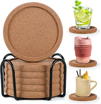 Cork Coasters for Drinks Set of 6 with Holder, Absorbent Round Coasters with Lip, Heat Resistant and Table Protective, 4 Diameter Suitable for Most Cups, Perfect for Home & Office, Housewarming Gift